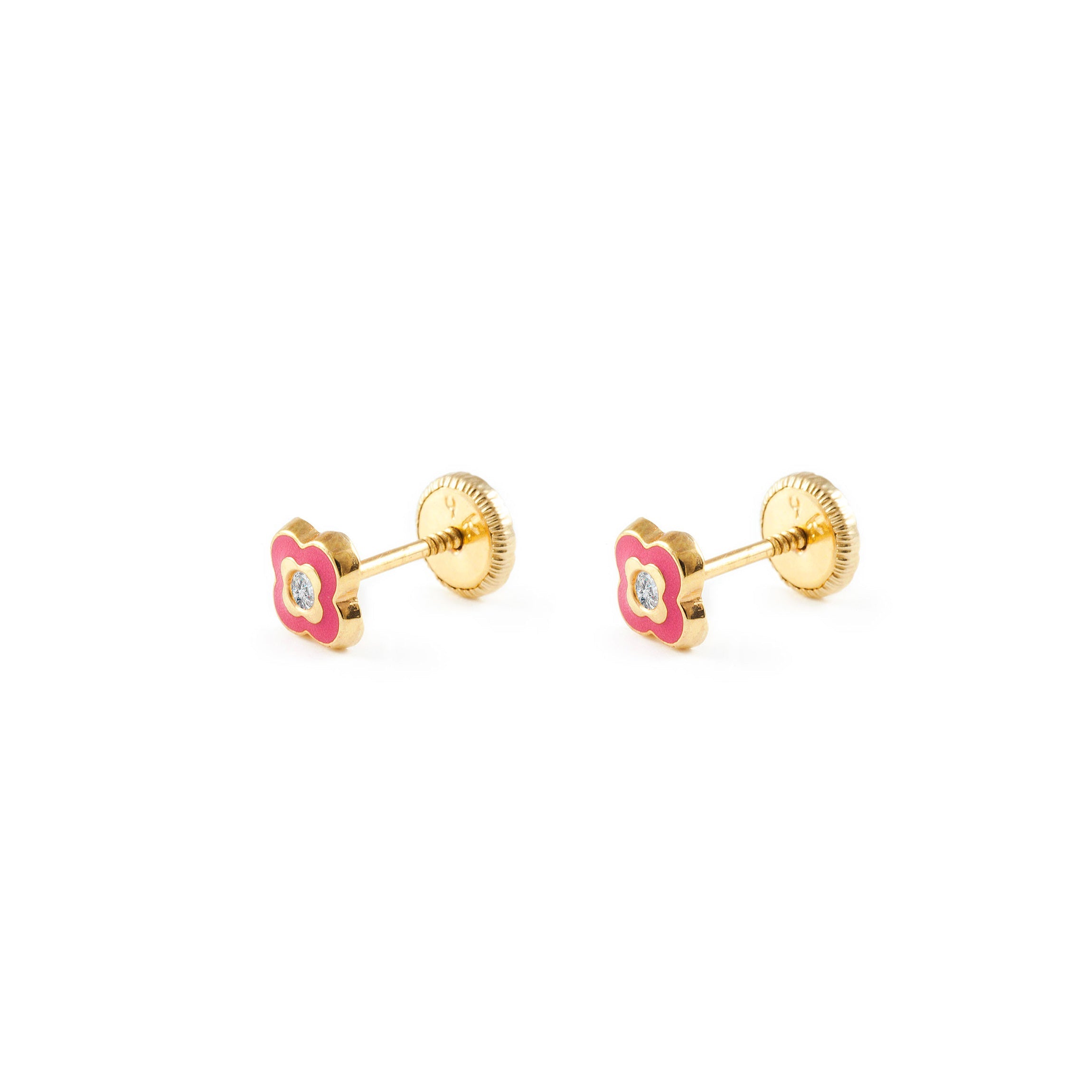 Pendientes bebe o Niña Flor Esmaltada Rosa (9kts)