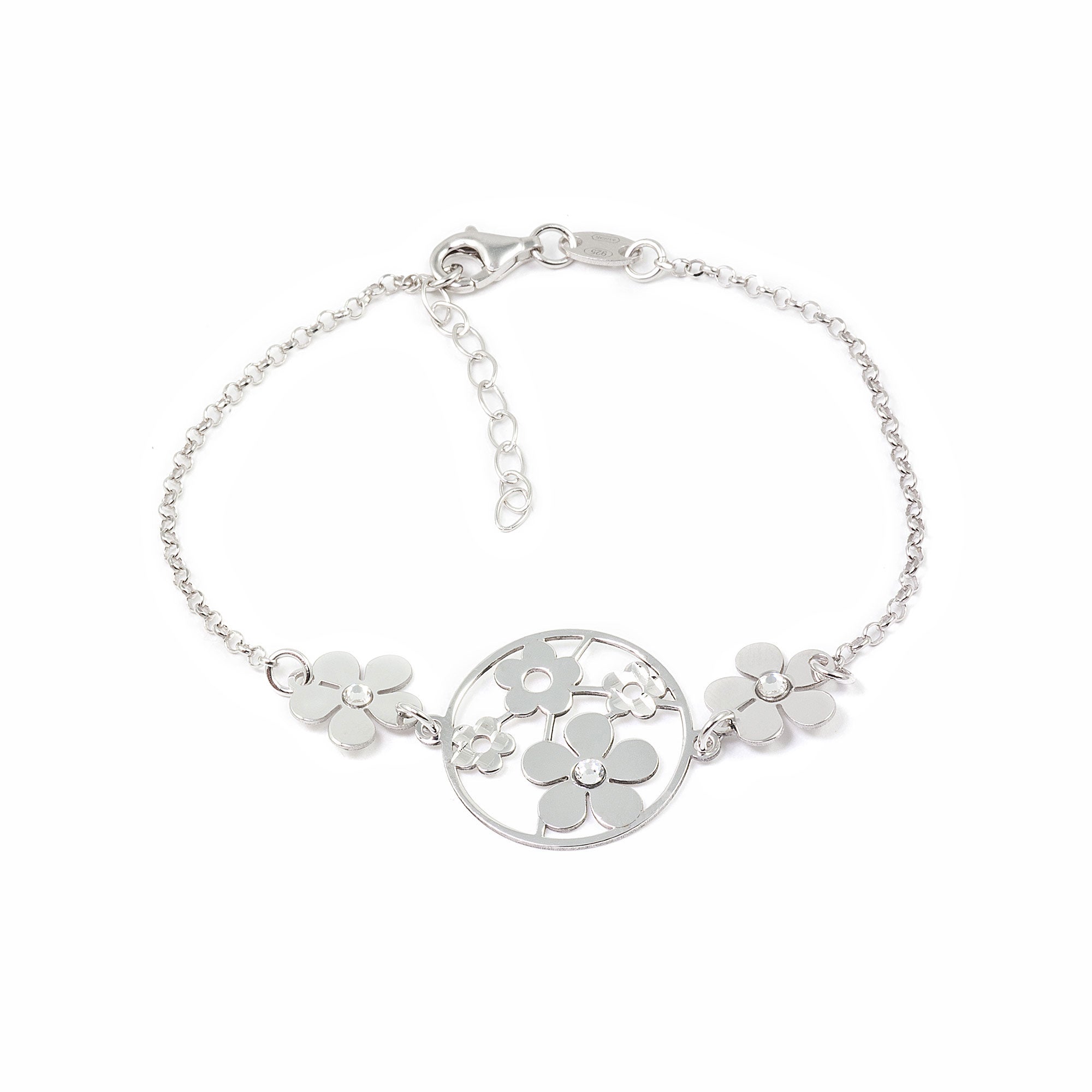 Pulsera Mujer Plata de Ley Flores Circonitas Brillo