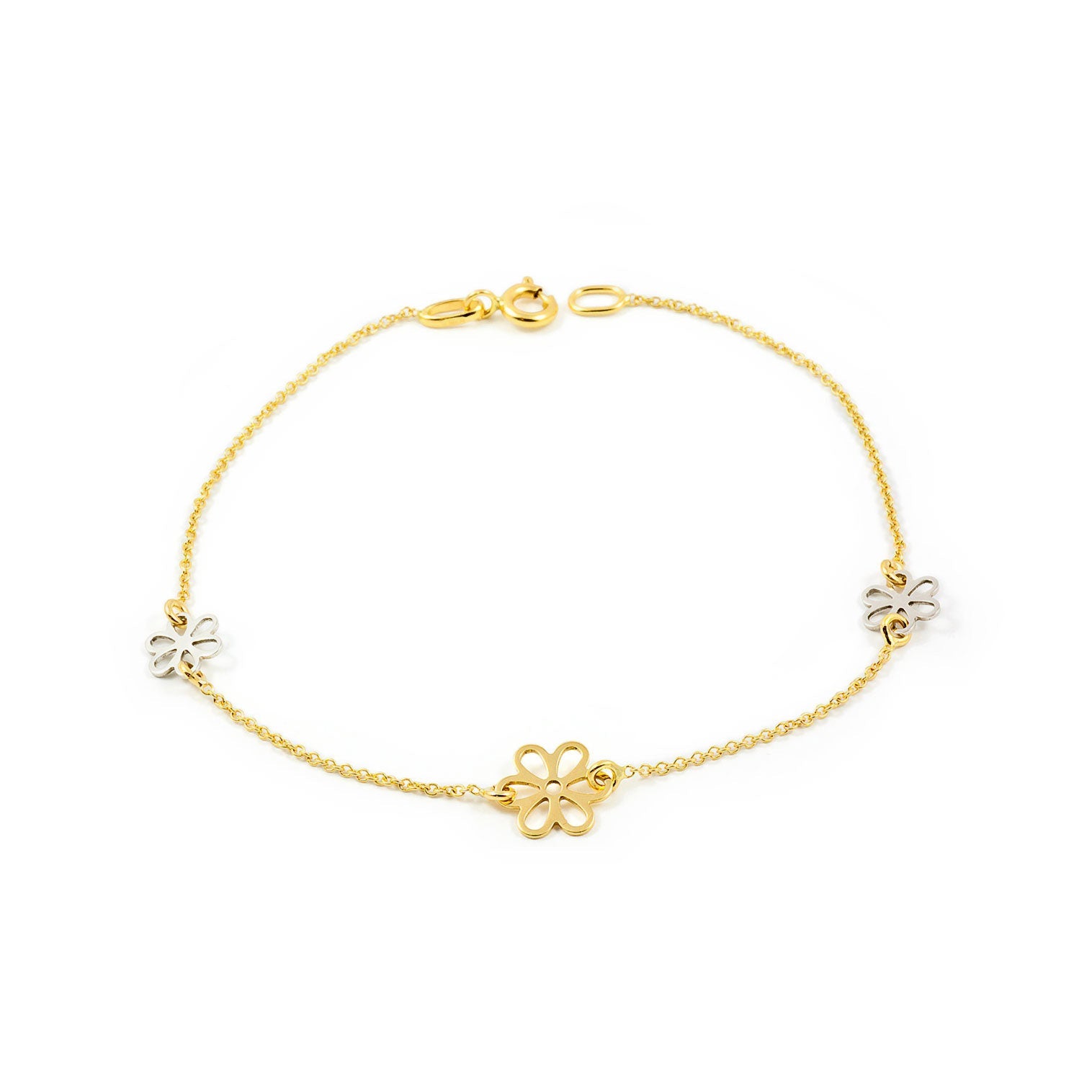 Pulsera Mujer Oro Bicolor 18K Flores Brillo 18 cm