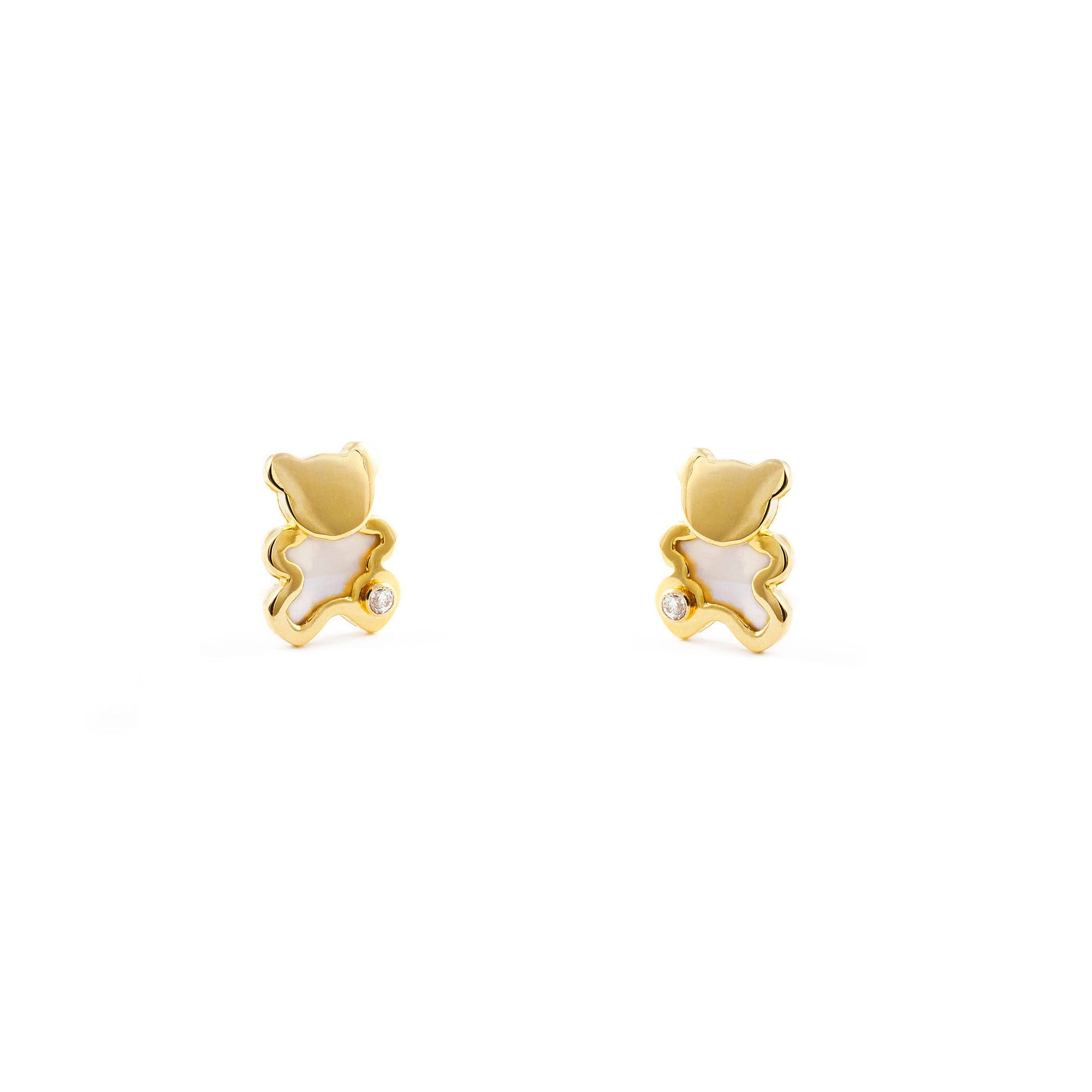 Girl's 9K Yellow Gold Mother of Pearl Shiny Zirconia Bear Earrings