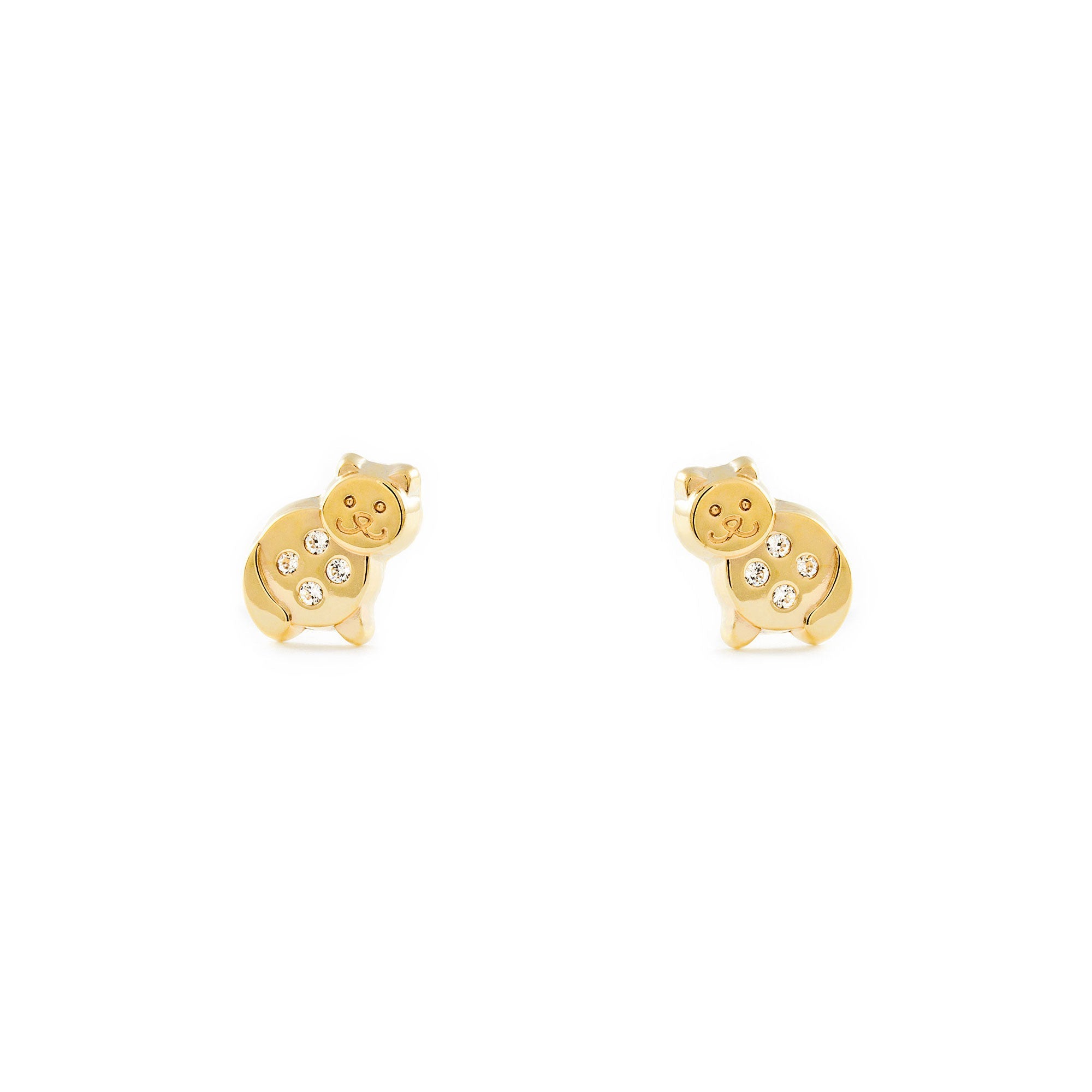 9K Yellow Gold Girl's Earrings Shiny Zirconia Cat