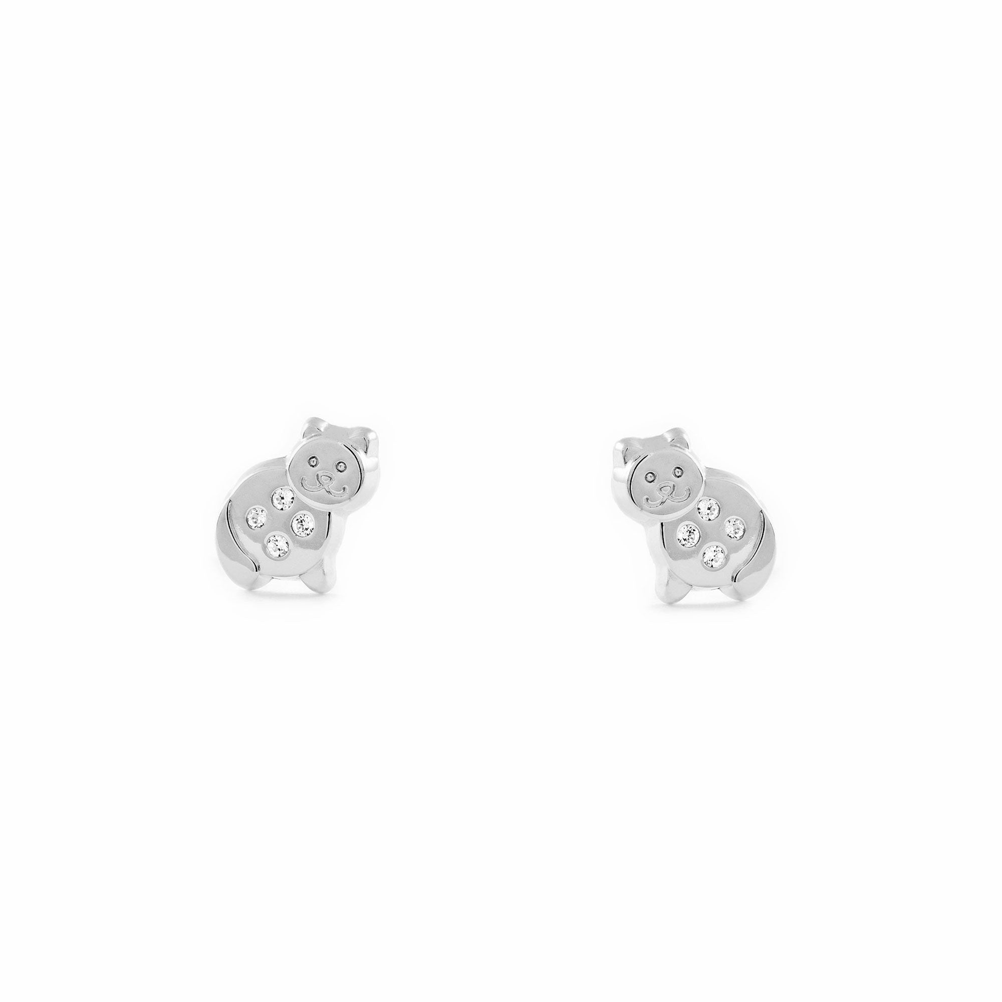 Girl's 9K White Gold Shiny Zirconia Cat Earrings