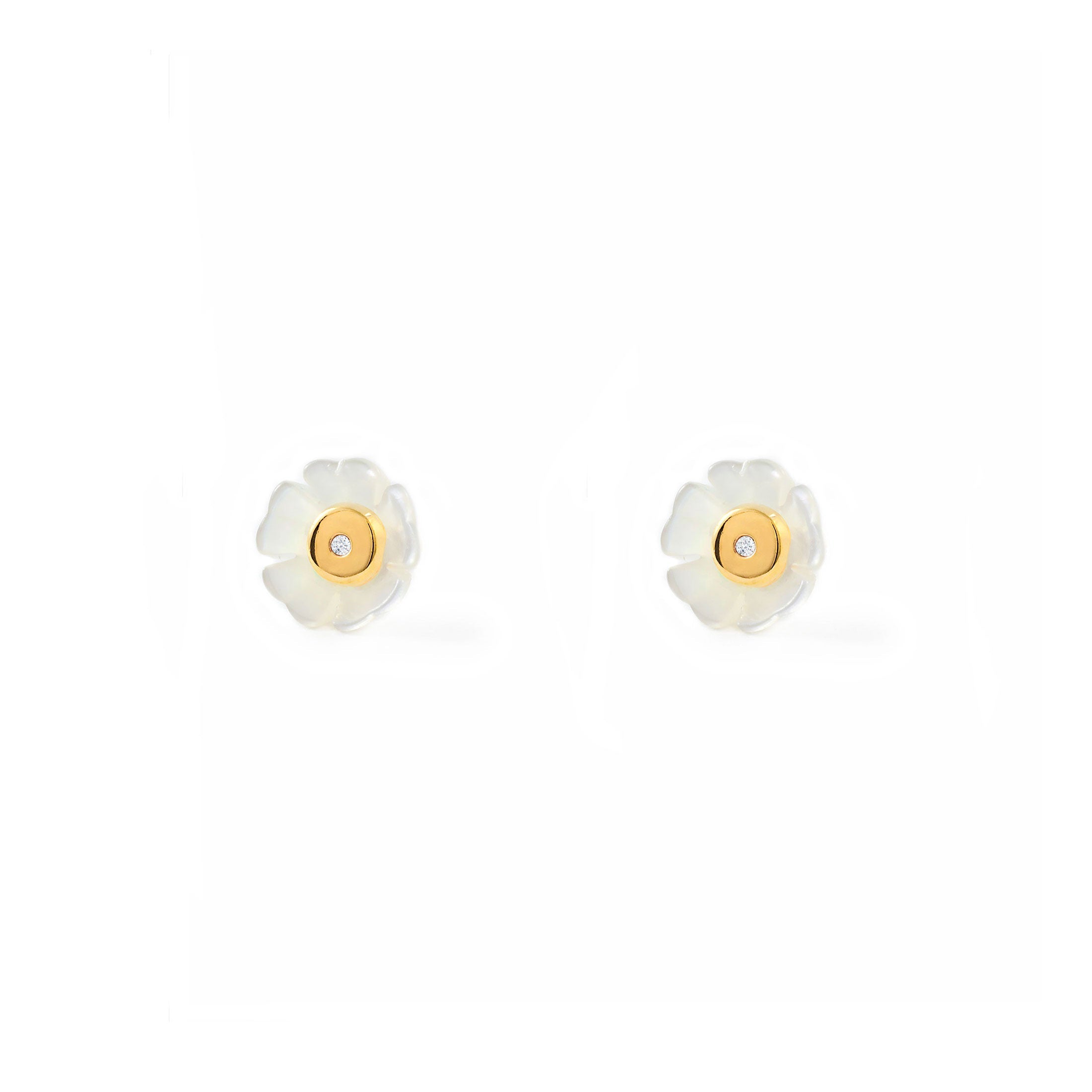 Girl's Earrings 9K Yellow Gold Mother of Pearl Shiny Zirconia Flower