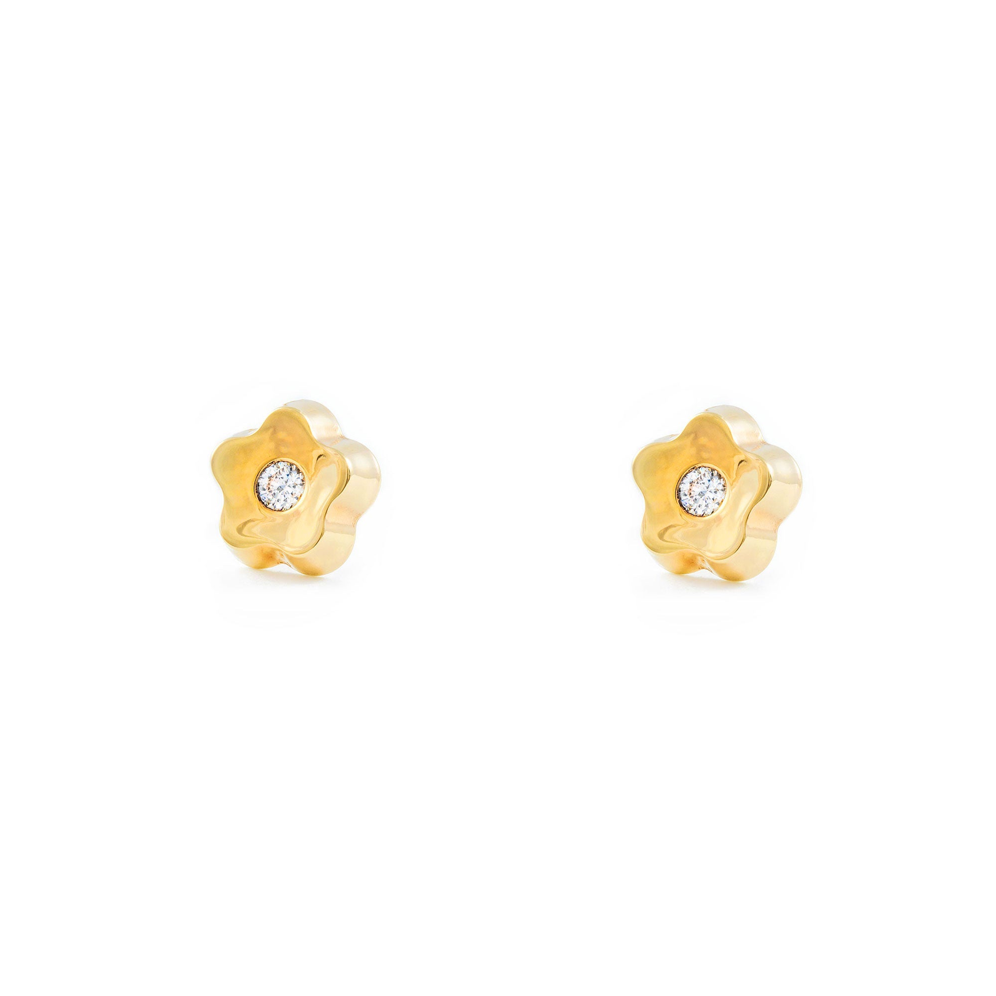 Women's-Girl's Earrings 9K Yellow Gold Flower Daisy Shiny Zirconia