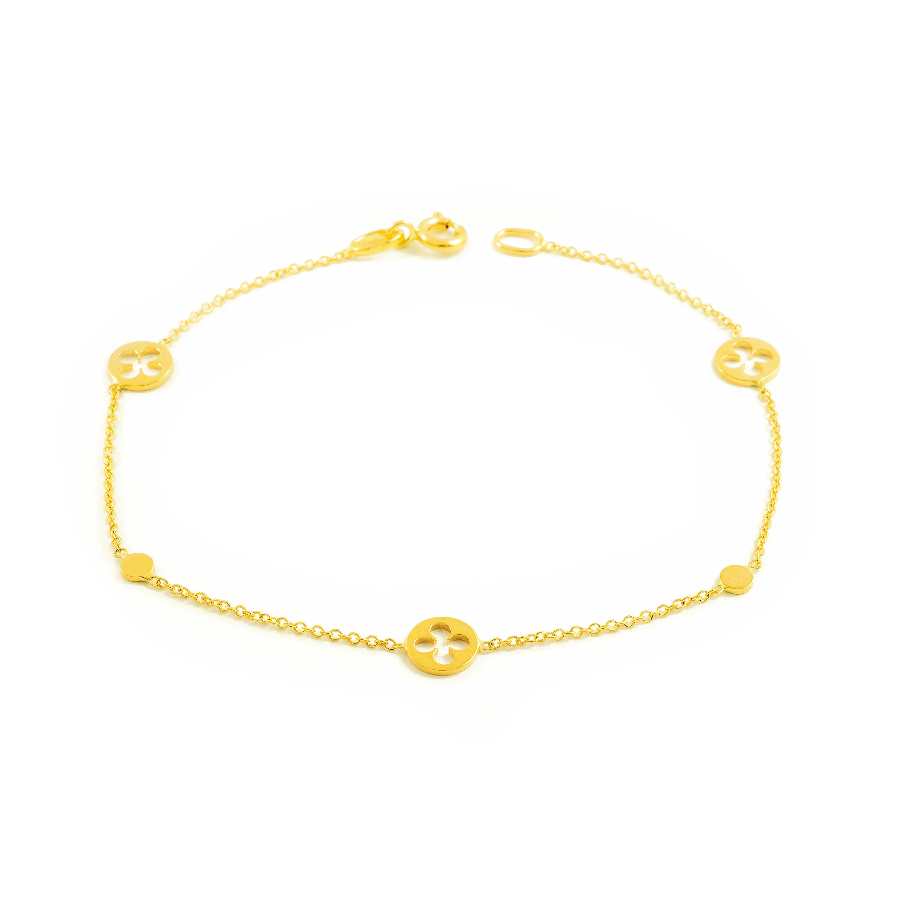 Woman-Girl 18K Yellow Gold Shiny Clover Bracelet 18 cm