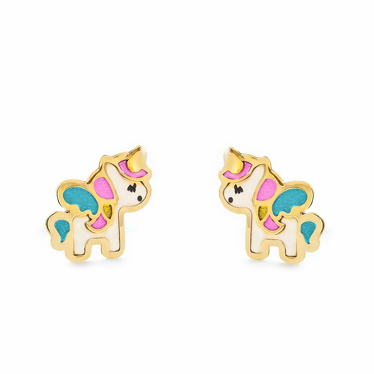 Pendientes Niña Oro Amarillo 18K Unicornio Esmalte Multicolor Brillo