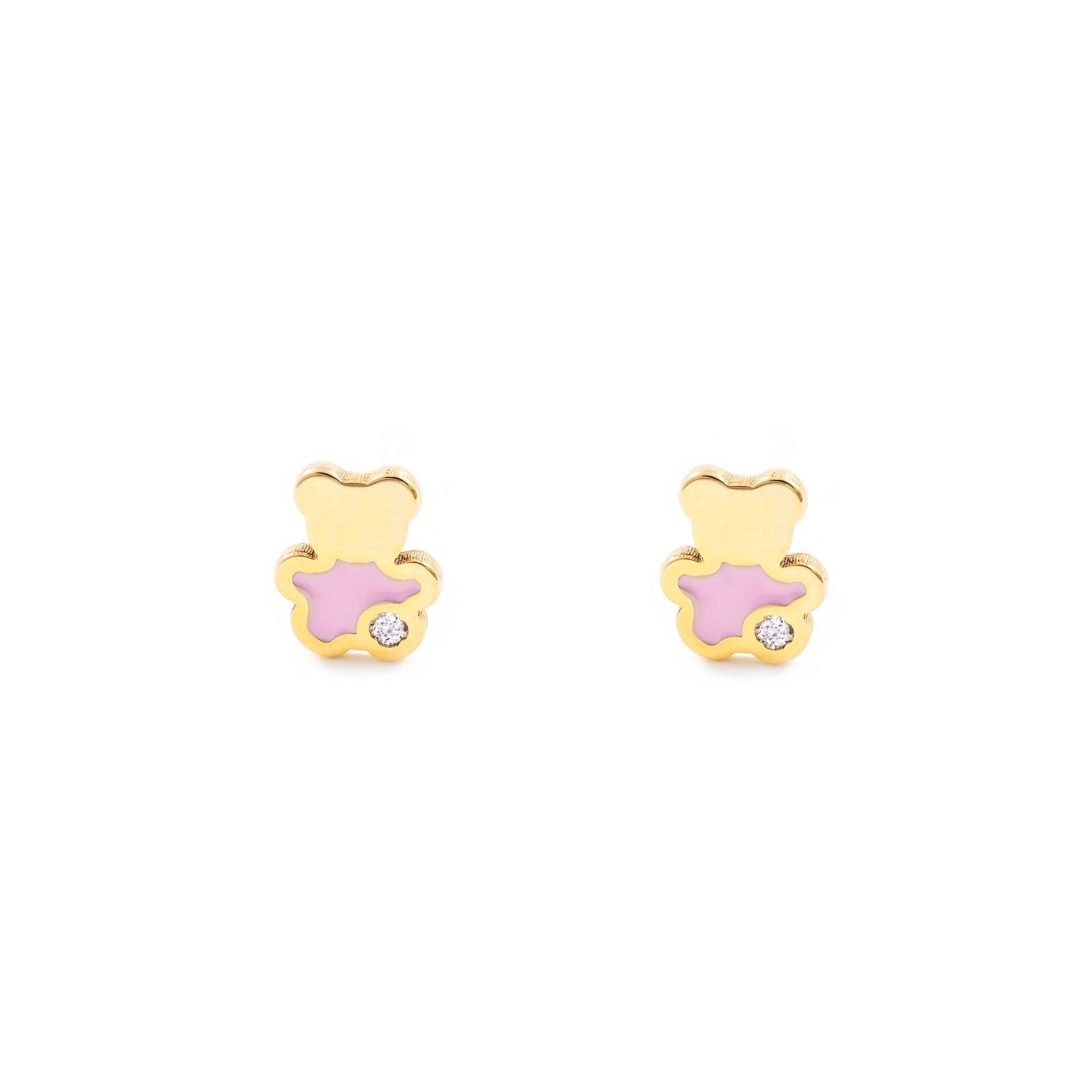 Pendientes Bebe-Niña Oro Amarillo 18K Oso Esmalte Rosa Circonita Brillo