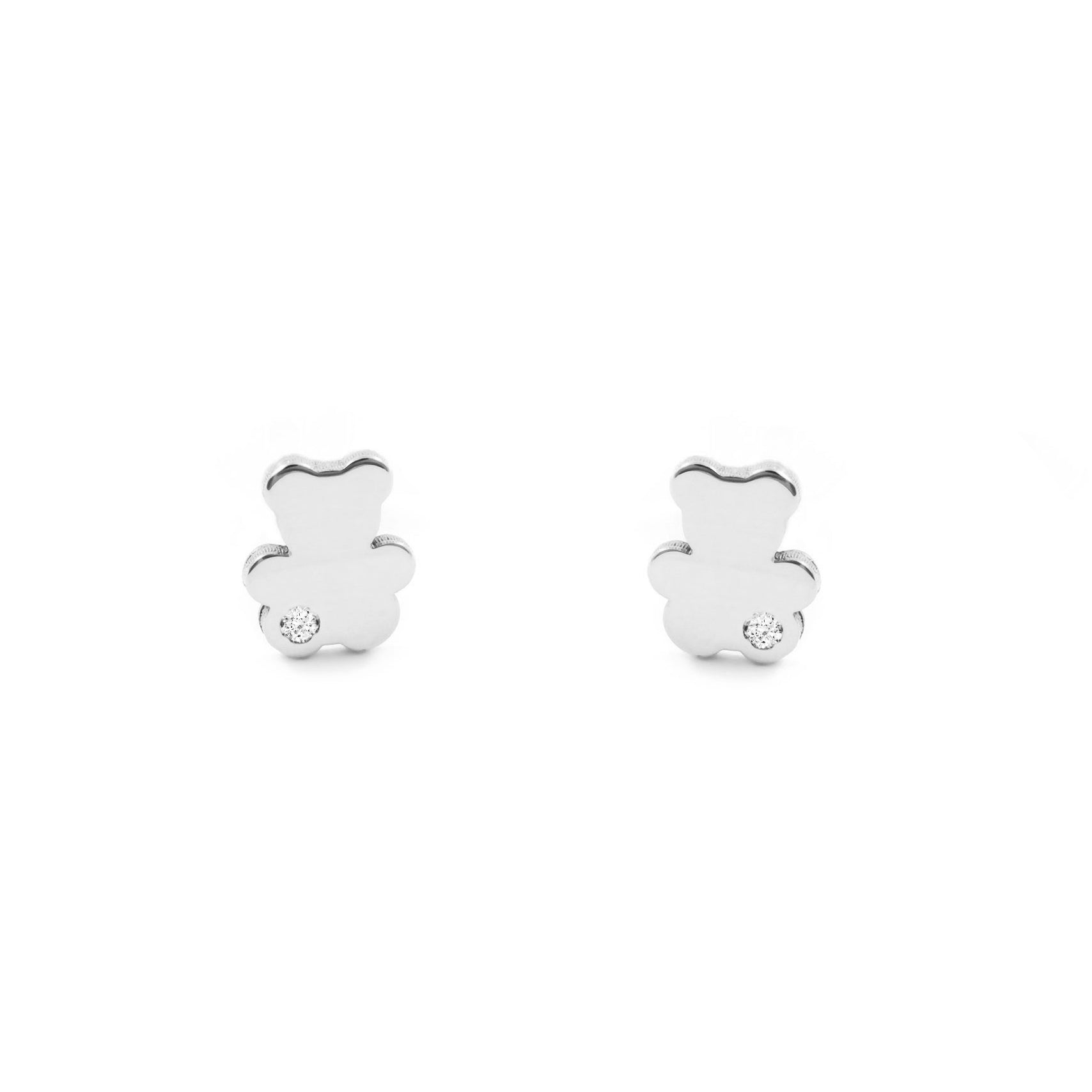 Pendientes Bebe-Niña Oro Blanco 9K Liso Oso Circonita Brillo
