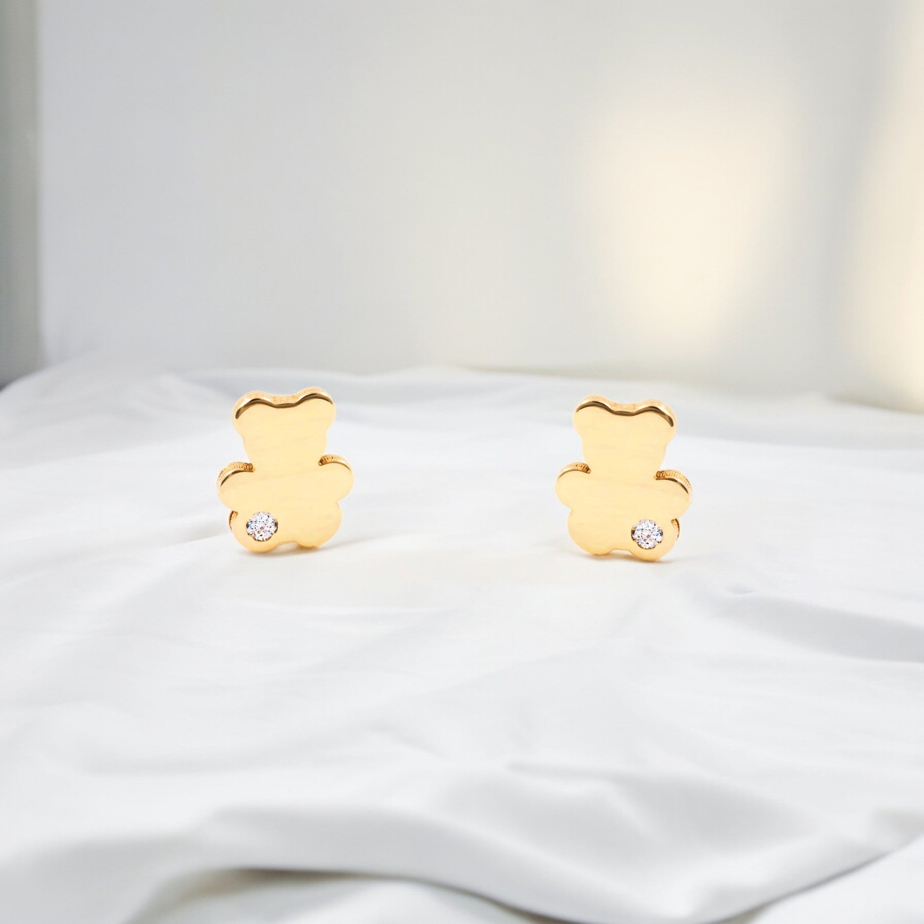 Pendientes Bebe-Niña Oro Amarillo 18K Liso Oso Circonita Brillo