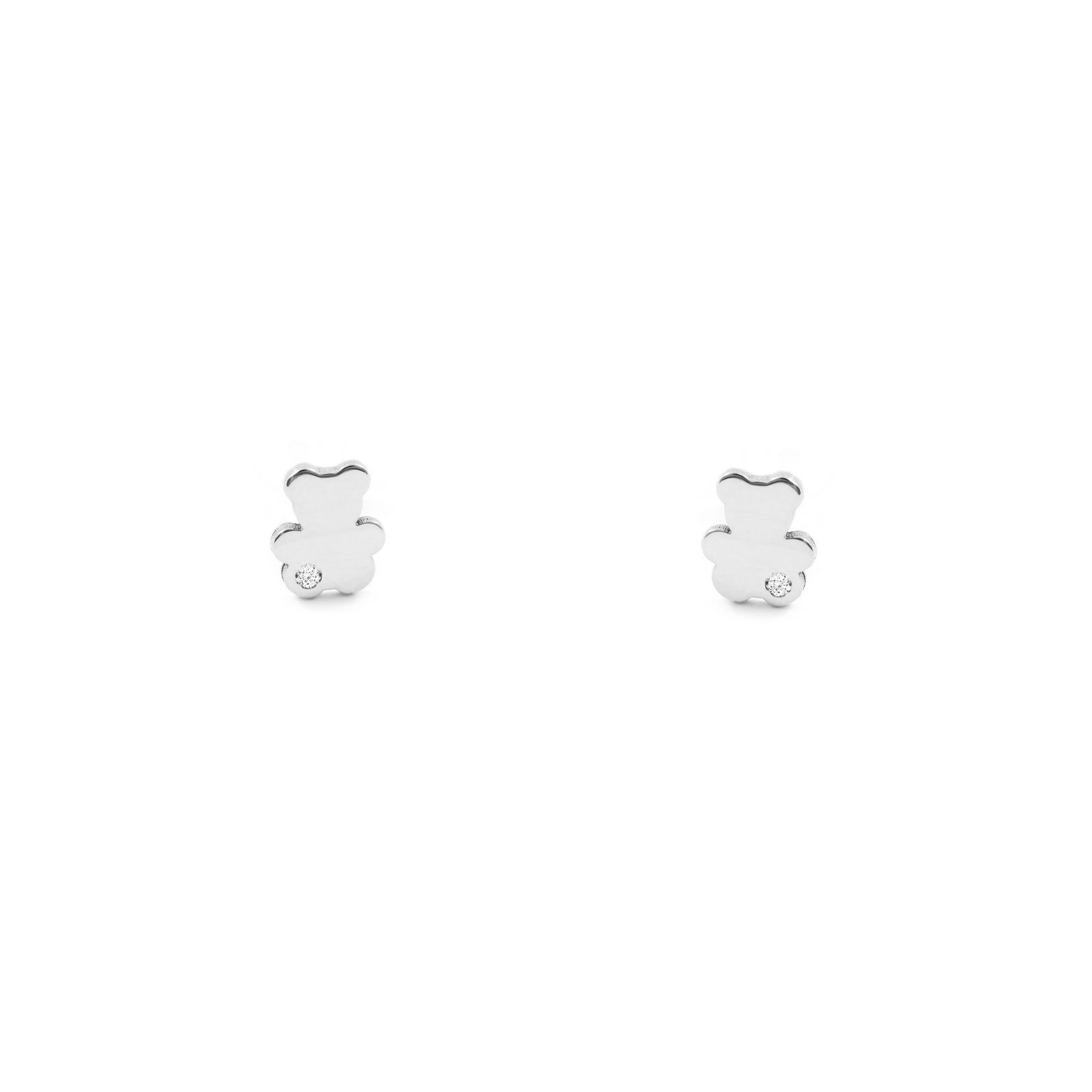 Pendientes Bebe-Niña Oro Blanco 9K Liso Oso Circonita Brillo