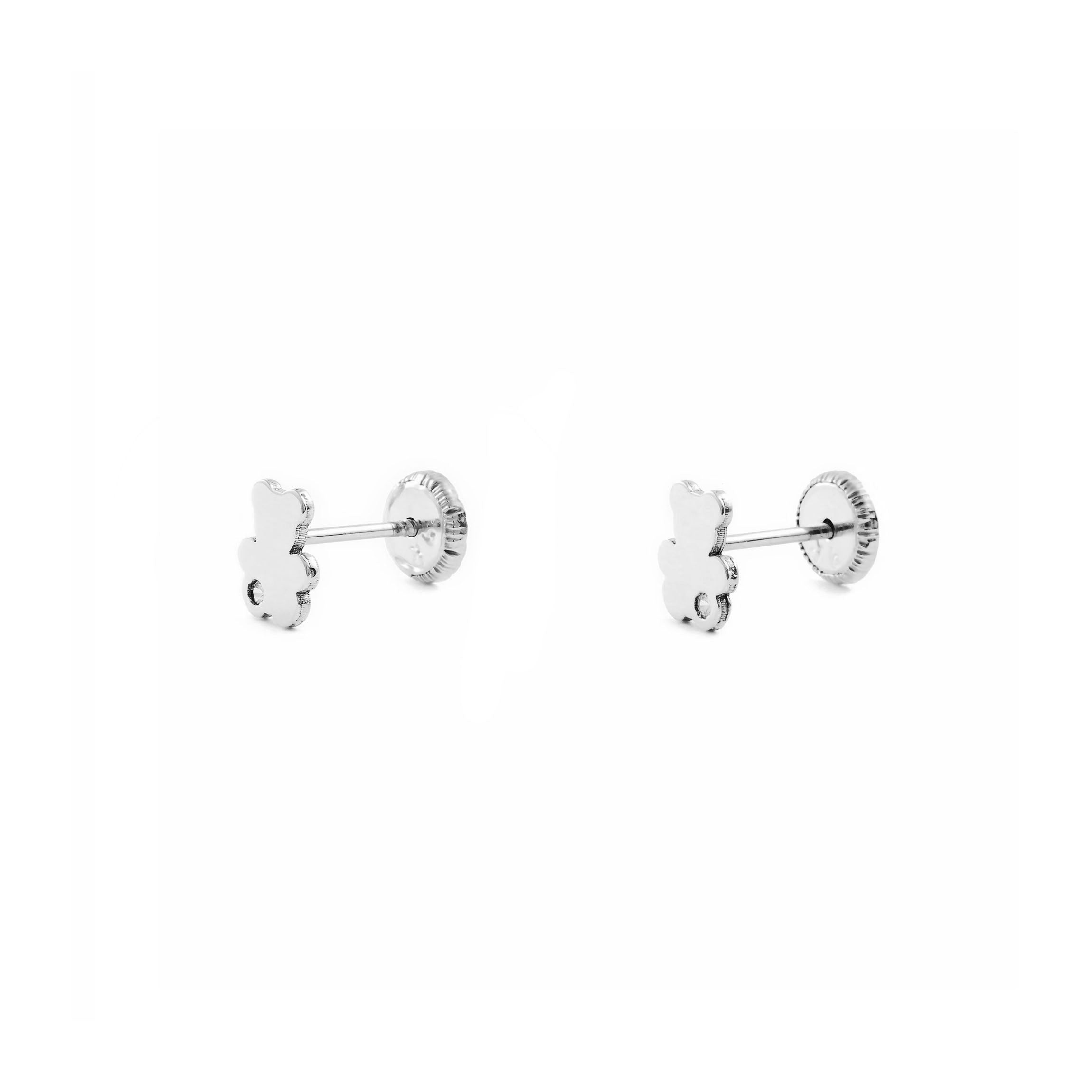 Pendientes Bebe-Niña Oro Blanco 9K Liso Oso Circonita Brillo
