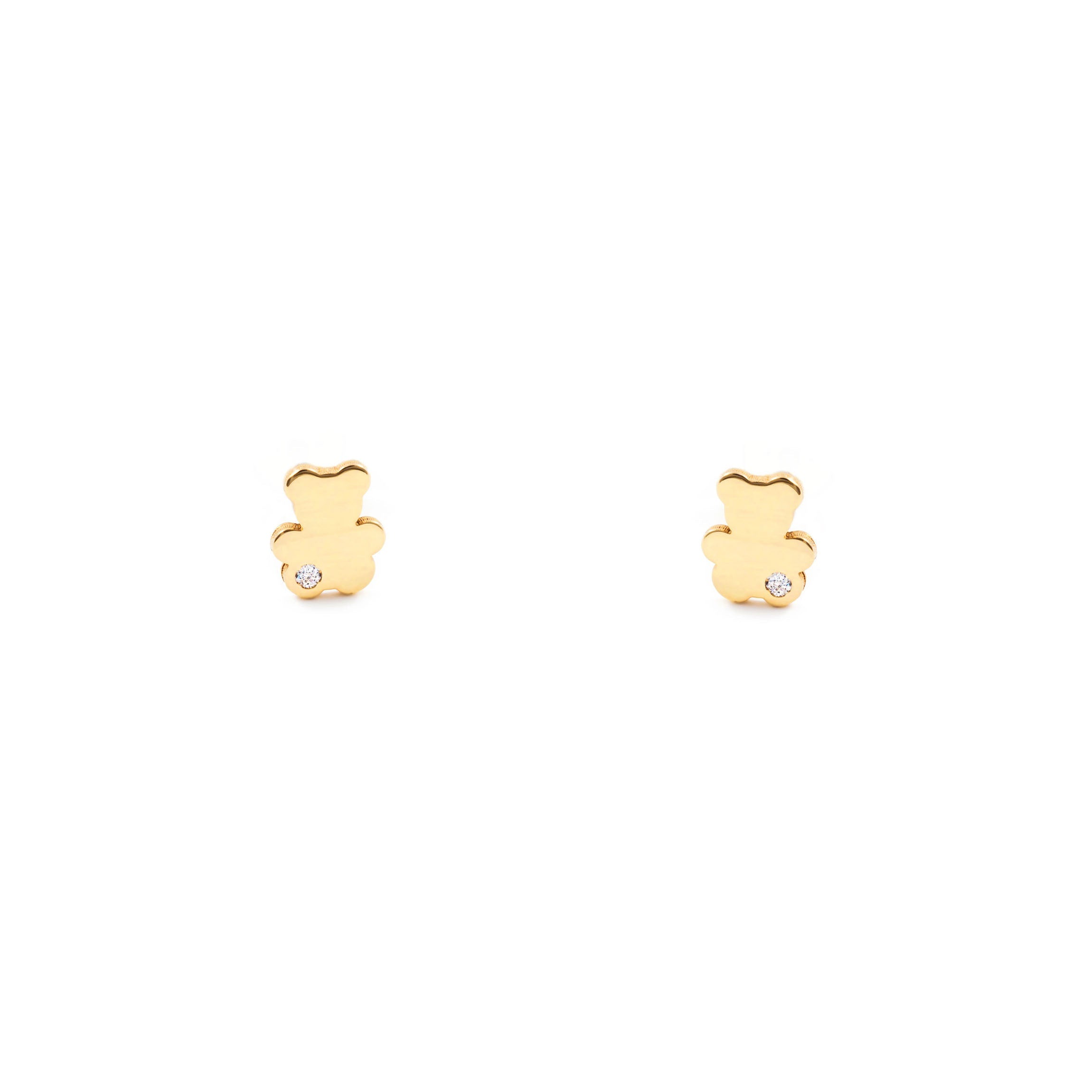 Pendientes Bebe-Niña Oro Amarillo 18K Liso Oso Circonita Brillo