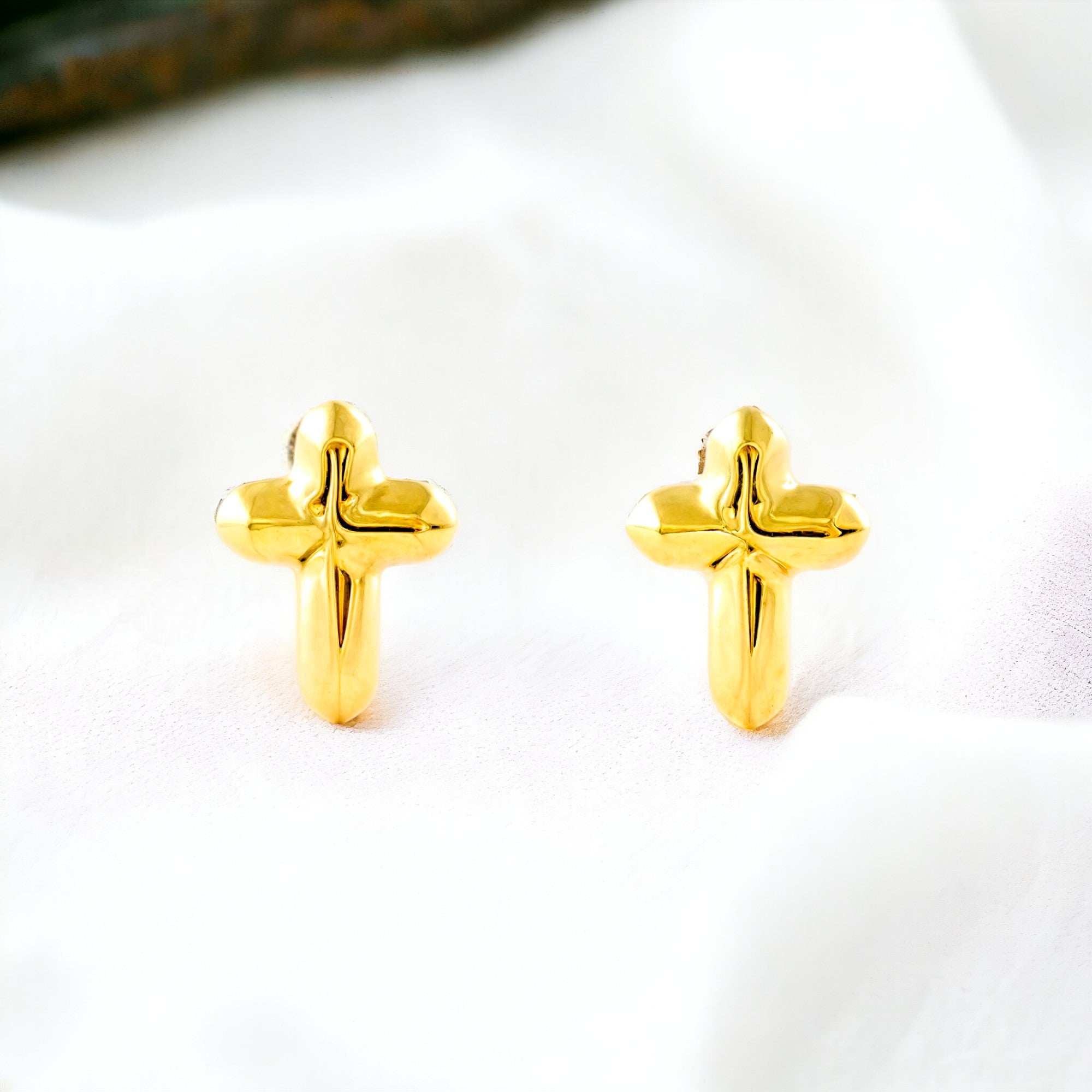 Women's-Girl's 9K Yellow Gold Shiny Cross Earrings