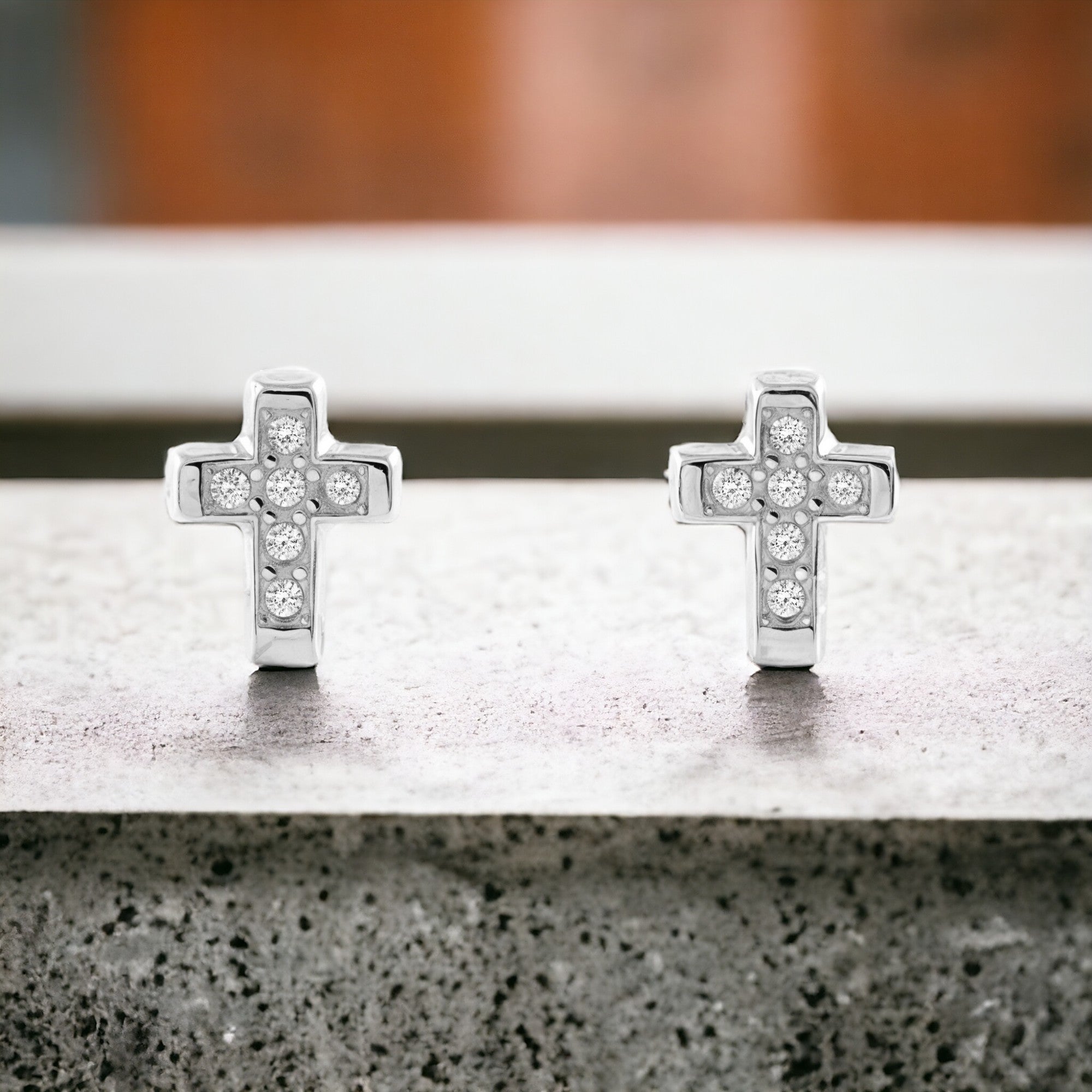 Women's-Girls' Earrings in 9K White Gold with Shiny Zirconia Cross