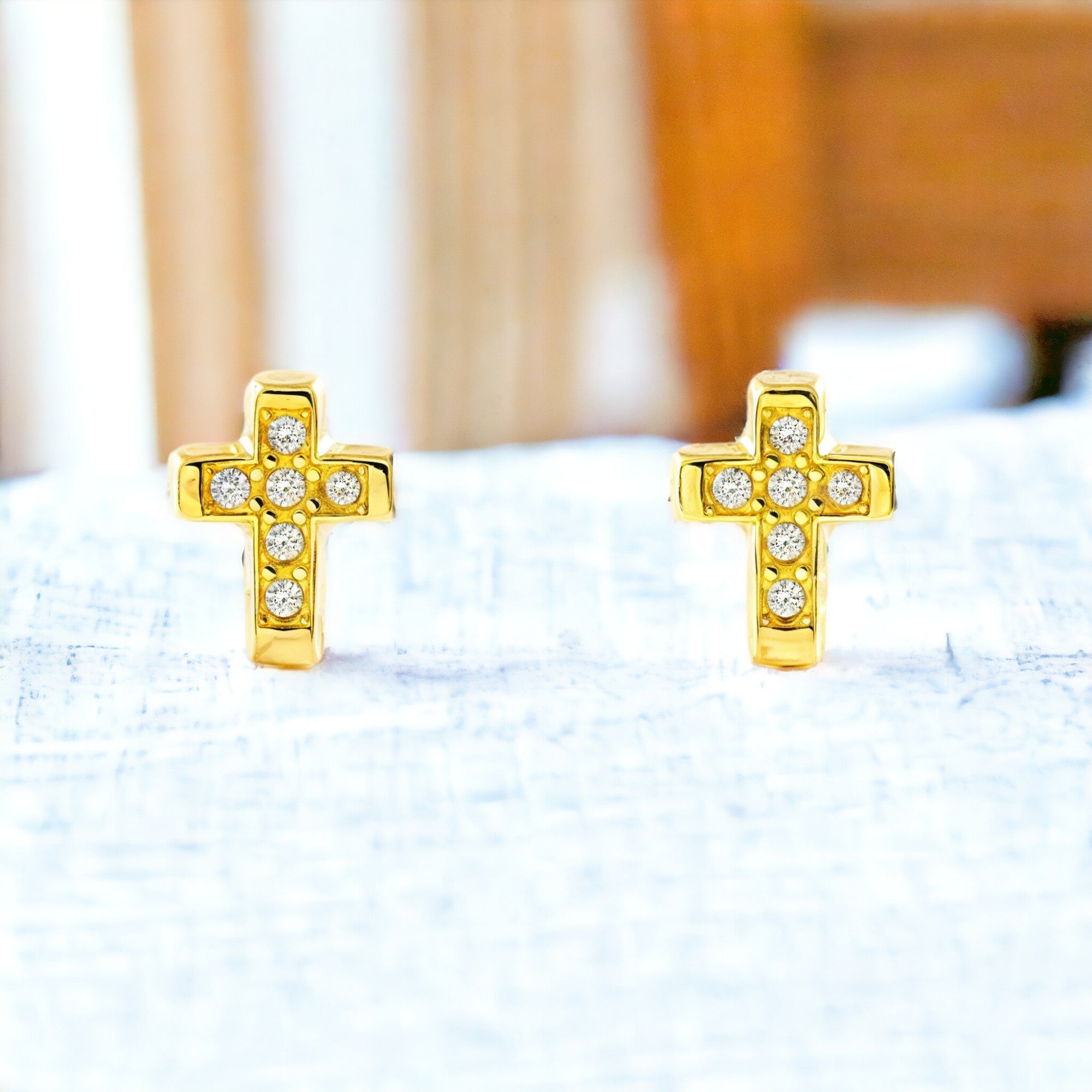 Women's-Girls' Earrings in 9K Yellow Gold with Shiny Zirconia Cross