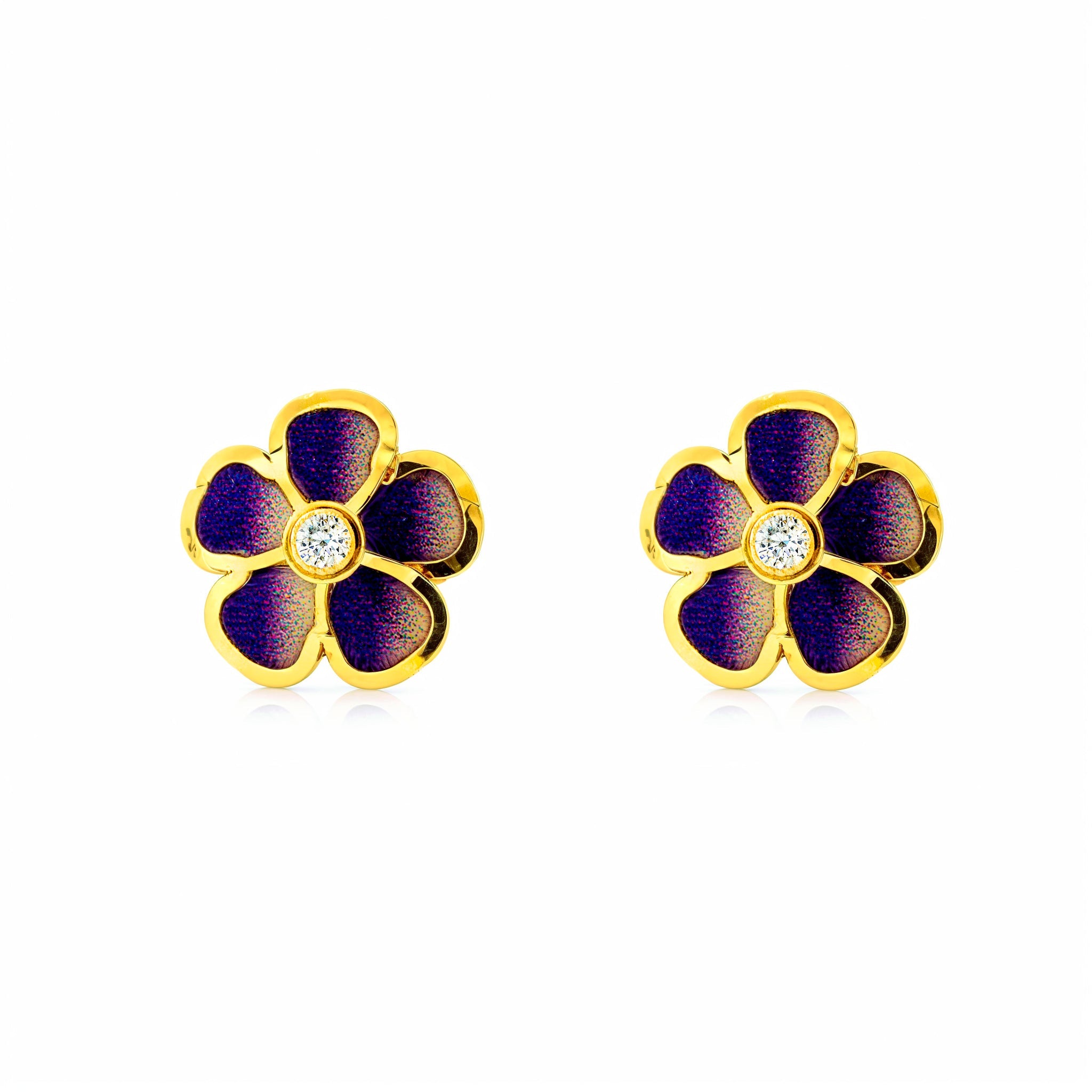 Girl's Earrings 9K Yellow Gold Flower Purple Enamel Shiny Zirconia