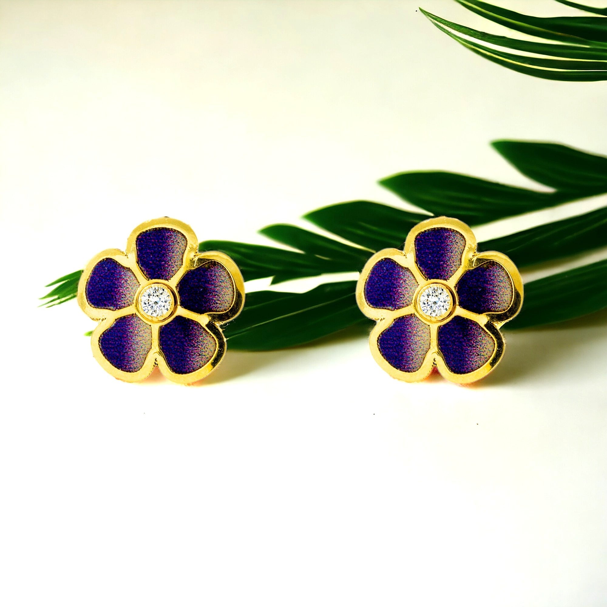 Girl's Earrings 9K Yellow Gold Flower Purple Enamel Shiny Zirconia