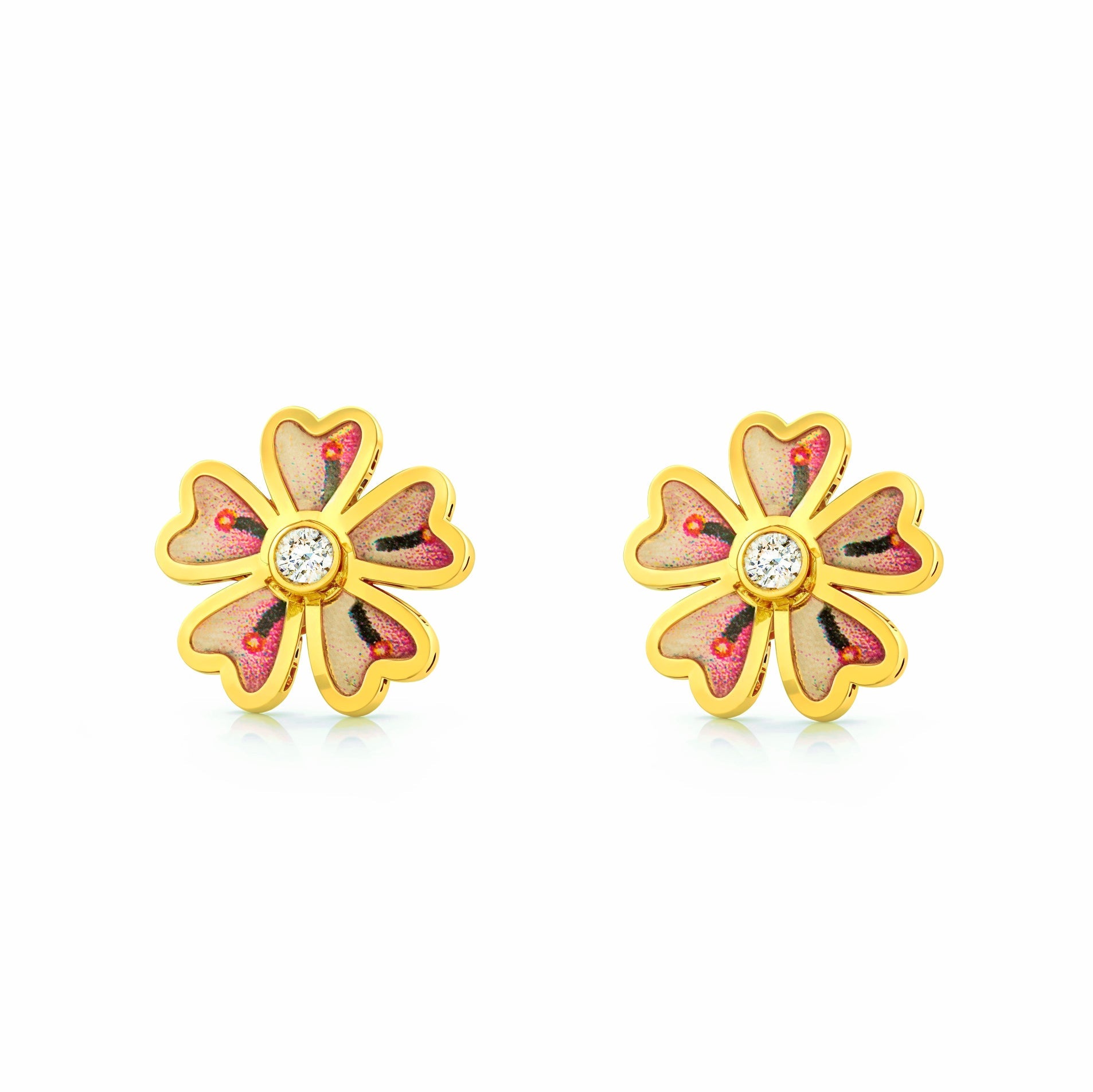Girl's Earrings 9K Yellow Gold Flower Multicolor Enamel Shiny Zirconia