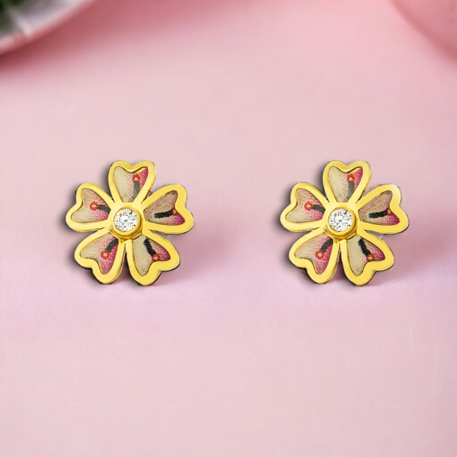 Girl's Earrings 9K Yellow Gold Flower Multicolor Enamel Shiny Zirconia