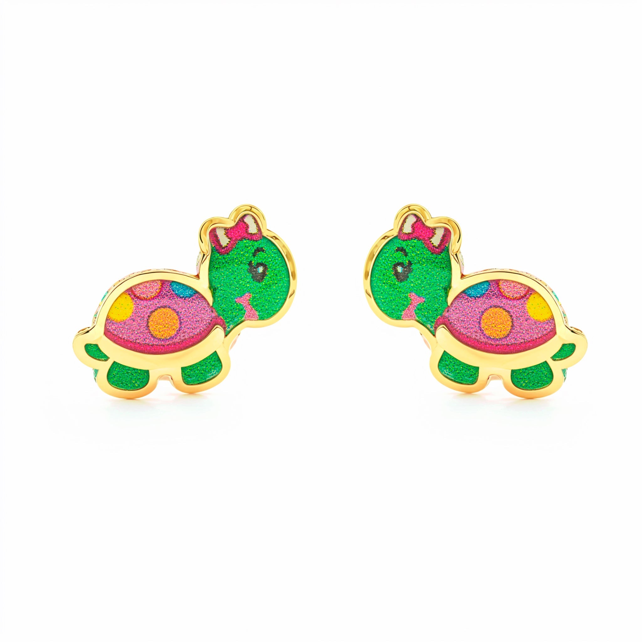 Girl's 9K Yellow Gold Earrings with Bright Multicolor Enamel