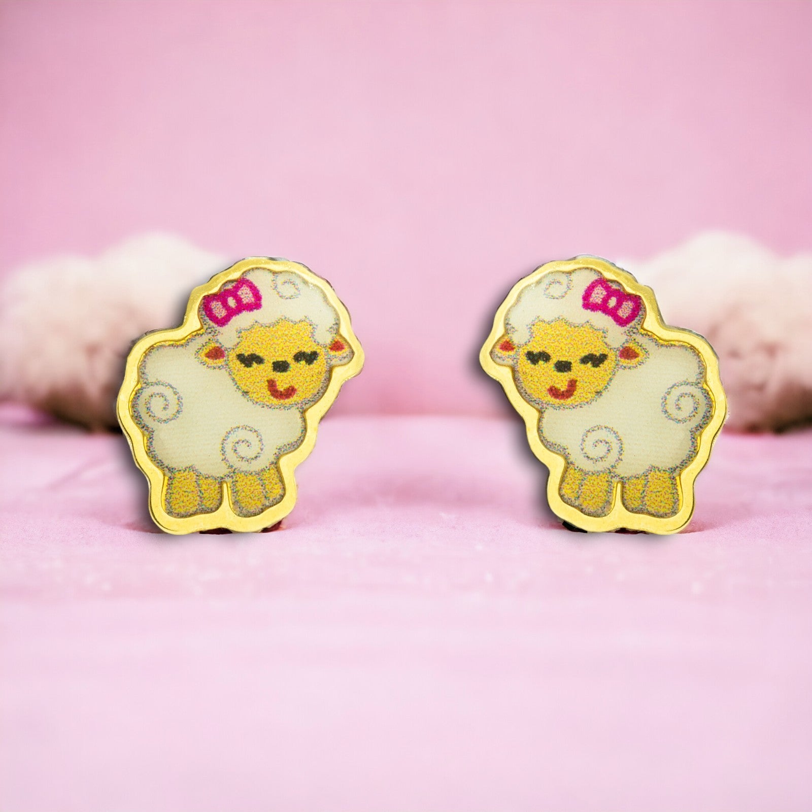 Girl's Earrings 9K Yellow Gold Sheep Multicolor Shiny Enamel