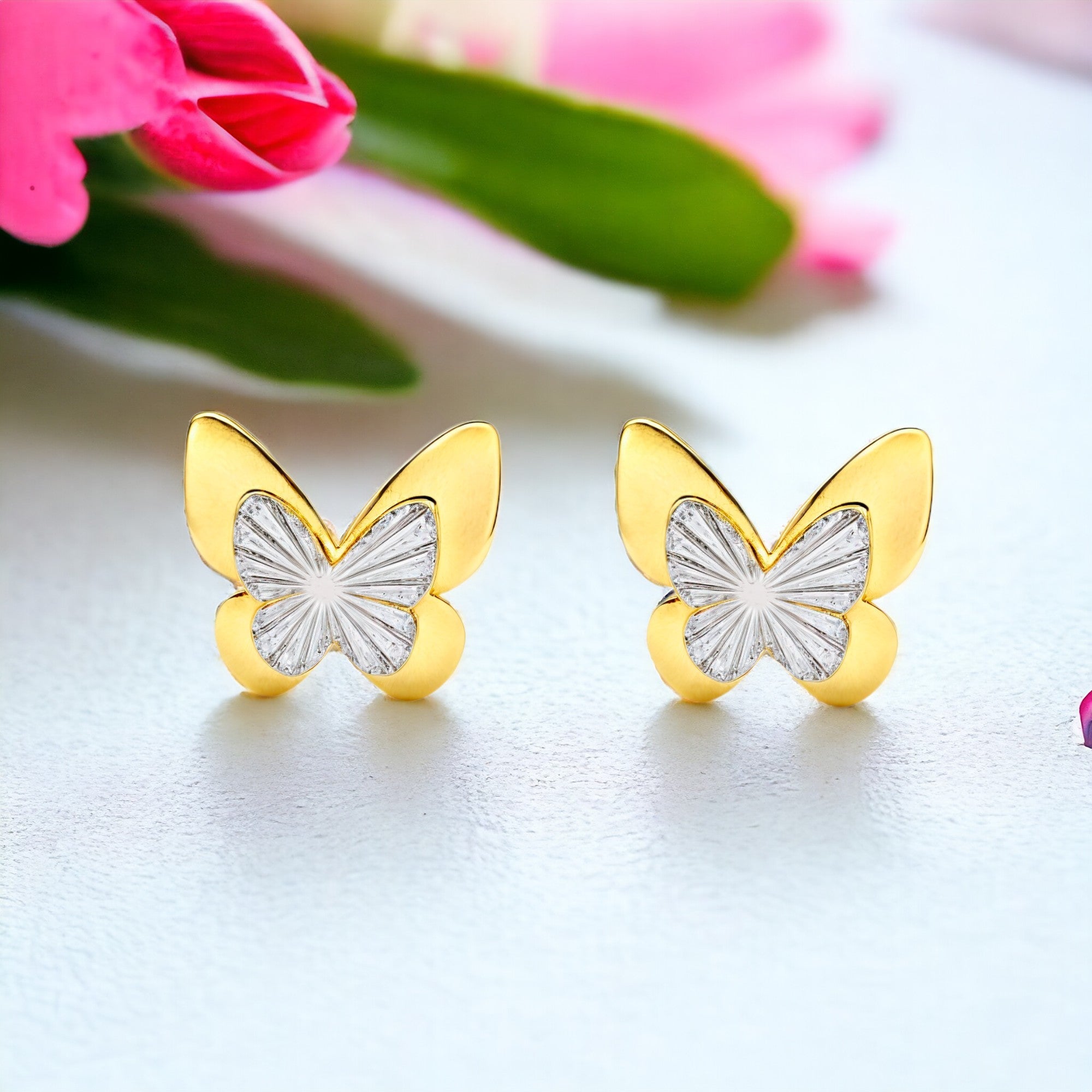 Textured Butterfly 9K Two-Tone Gold Girl's Earrings