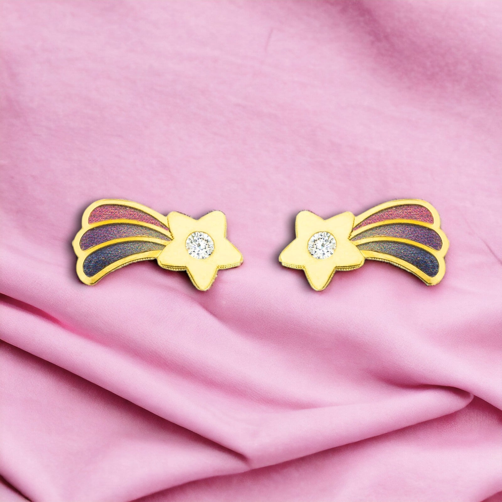 Girl's Earrings 9K Yellow Gold Shiny Multicolor Enamel Star