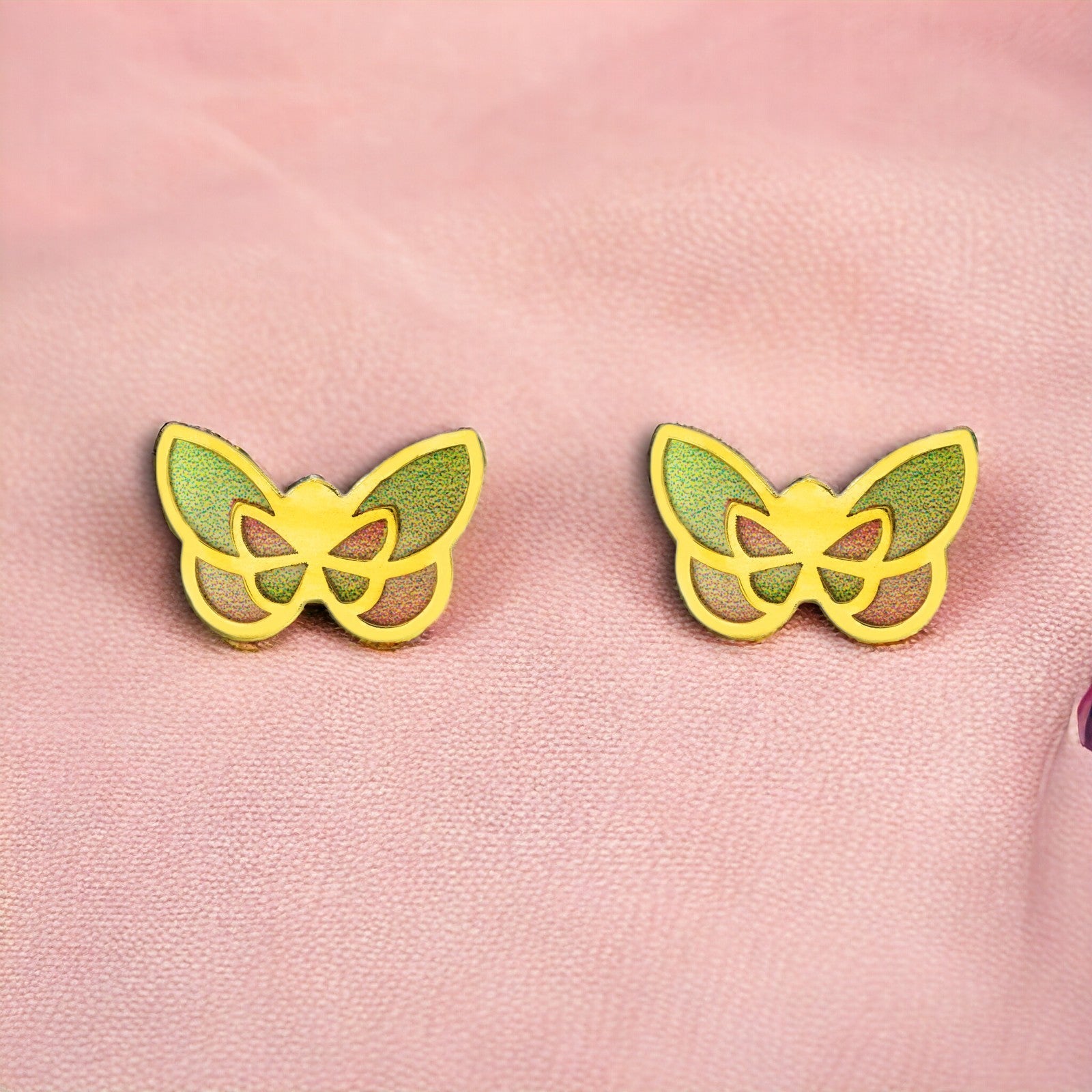 Girl's 9K Yellow Gold Earrings with Shiny Multicolor Enamel Butterfly