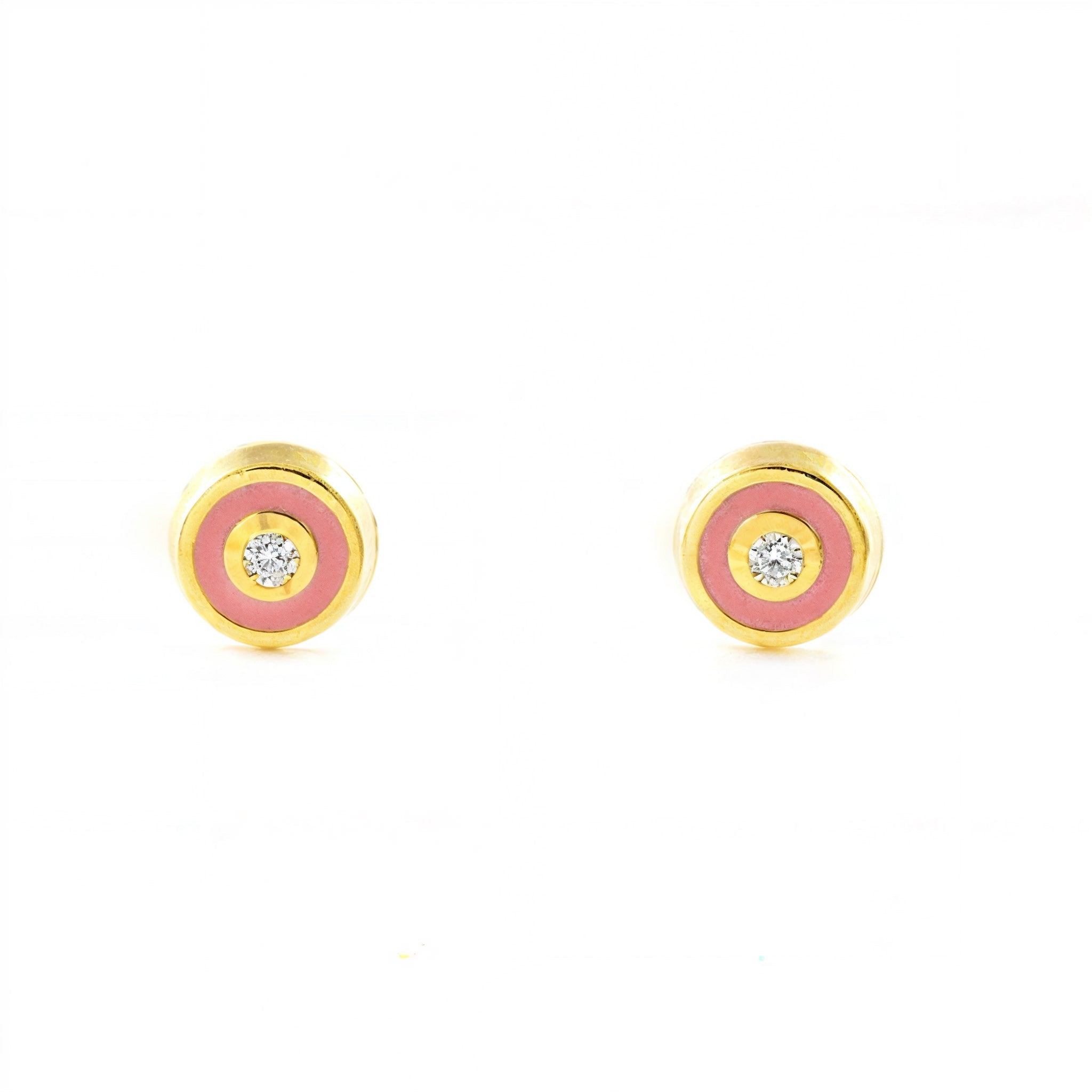 Baby Girl Earrings 9K Yellow Gold Round Light Pink Shiny Enamel