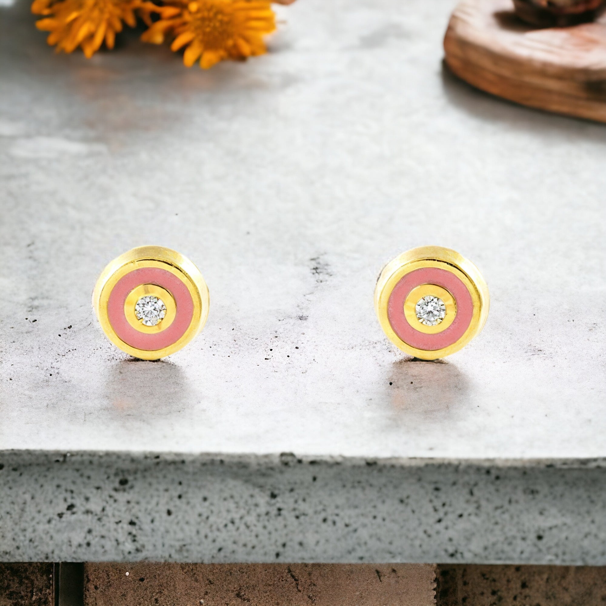 Baby Girl Earrings 9K Yellow Gold Round Light Pink Shiny Enamel