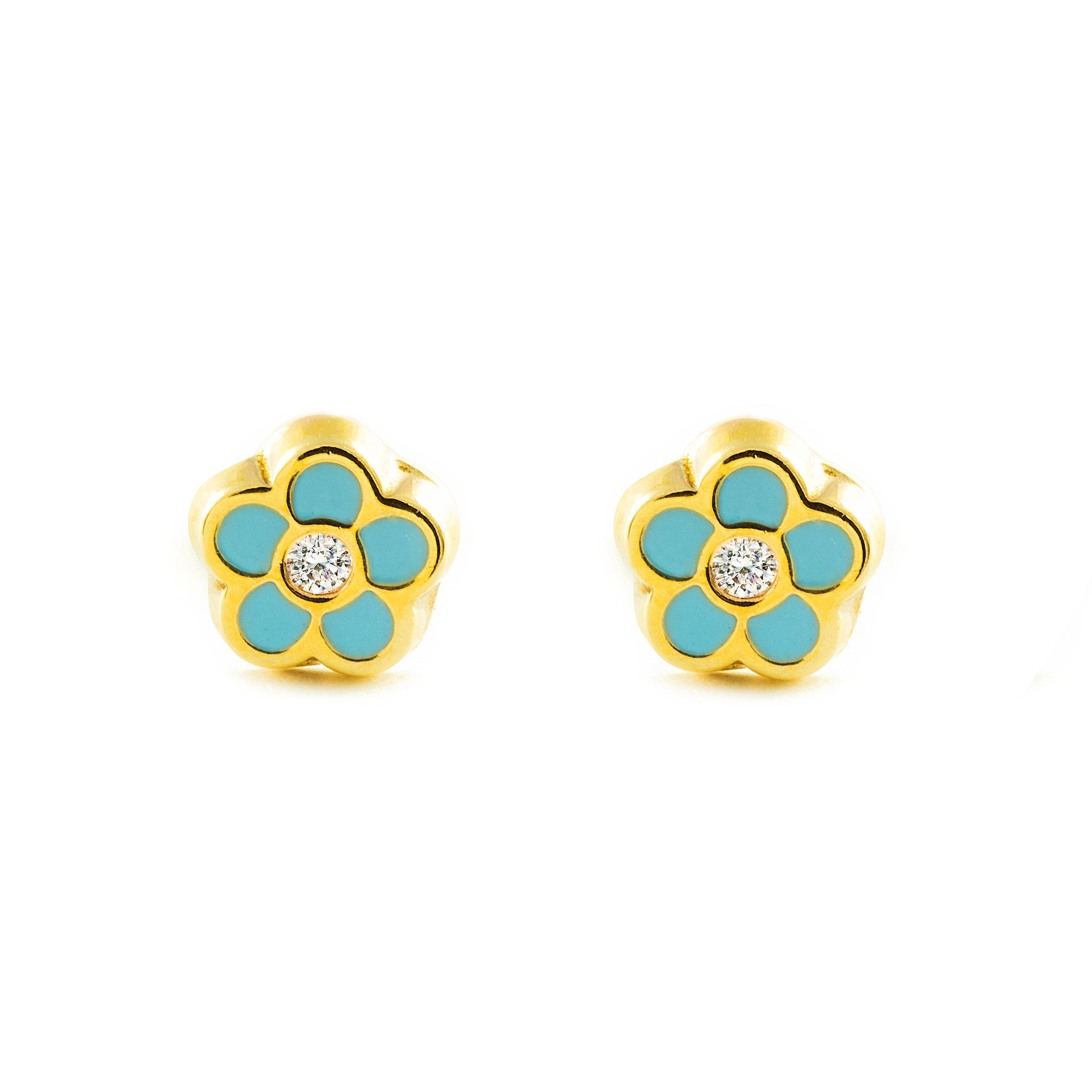 9K Yellow Gold Baby Girl Earrings with Blue Shiny Enamel Daisy Flower