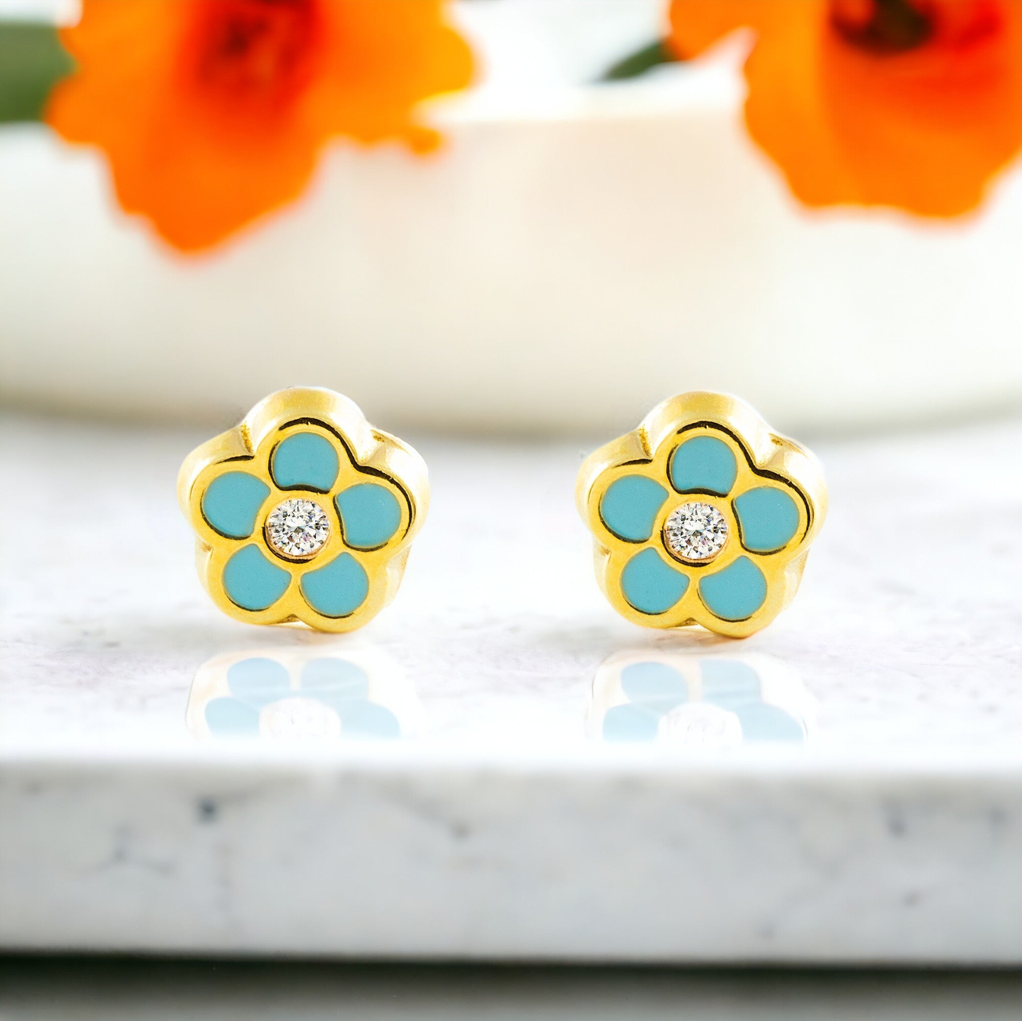 9K Yellow Gold Baby Girl Earrings with Blue Shiny Enamel Daisy Flower