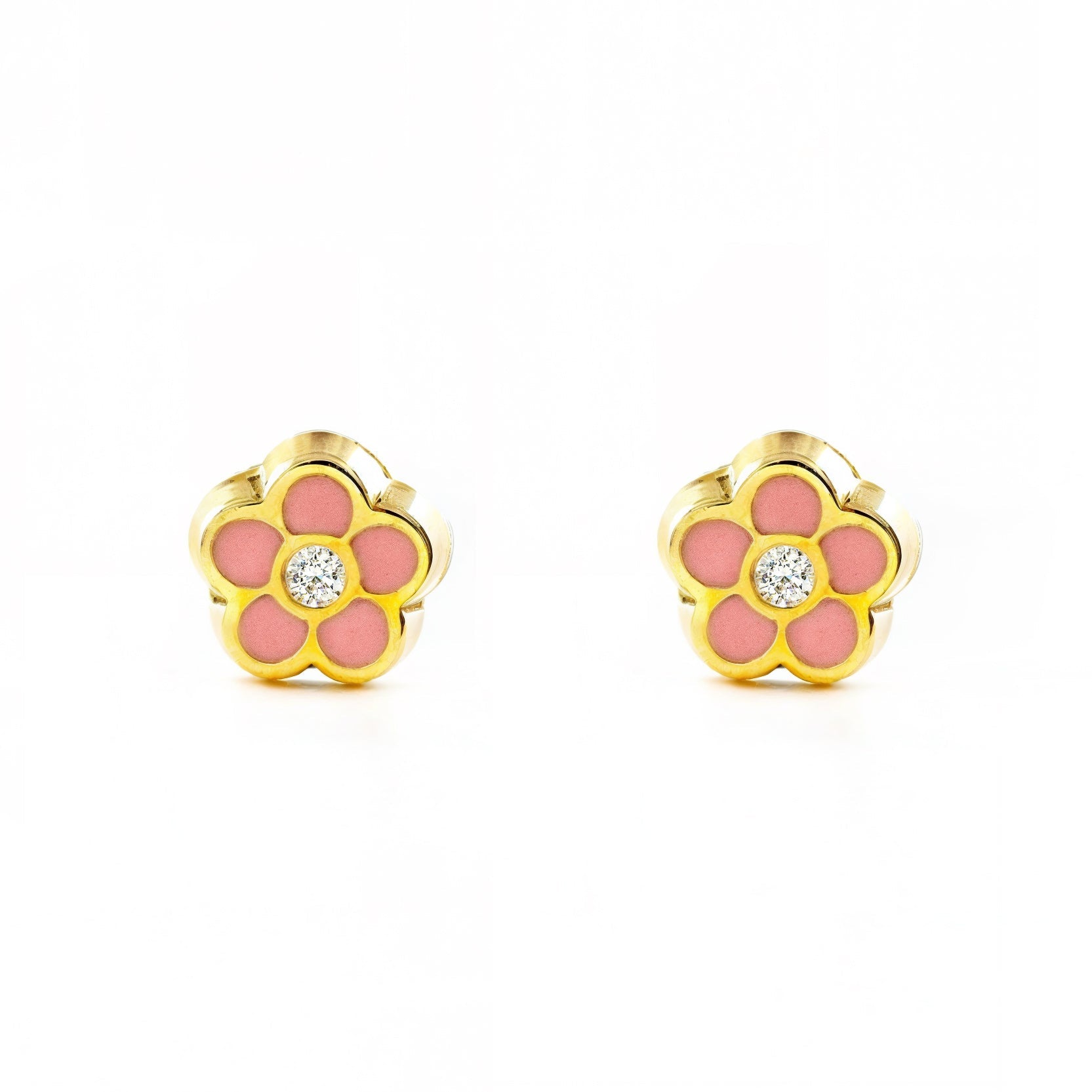 9K Yellow Gold Baby Girl Earrings with Daisy Flower and Light Pink Shiny Enamel