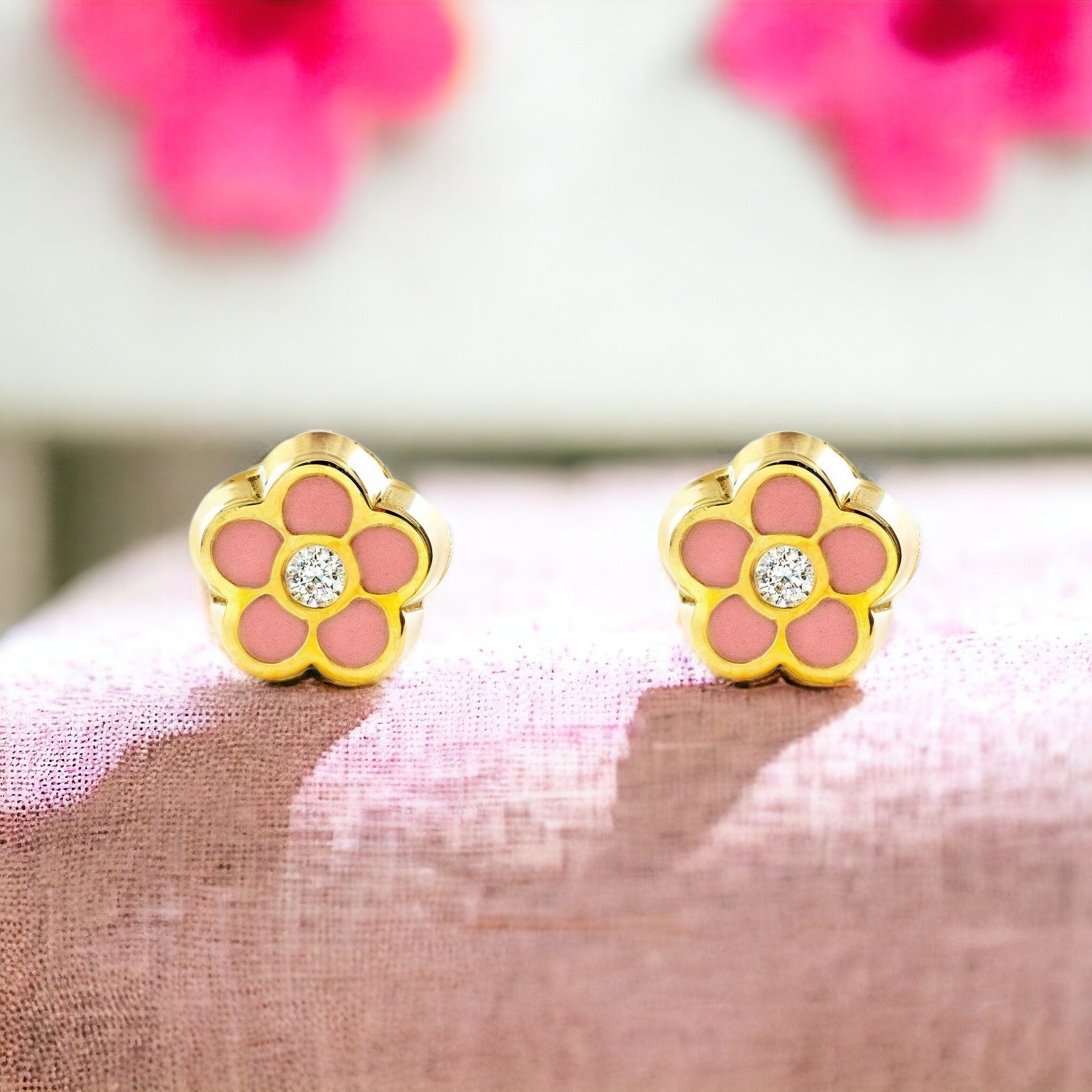 9K Yellow Gold Baby Girl Earrings with Daisy Flower and Light Pink Shiny Enamel