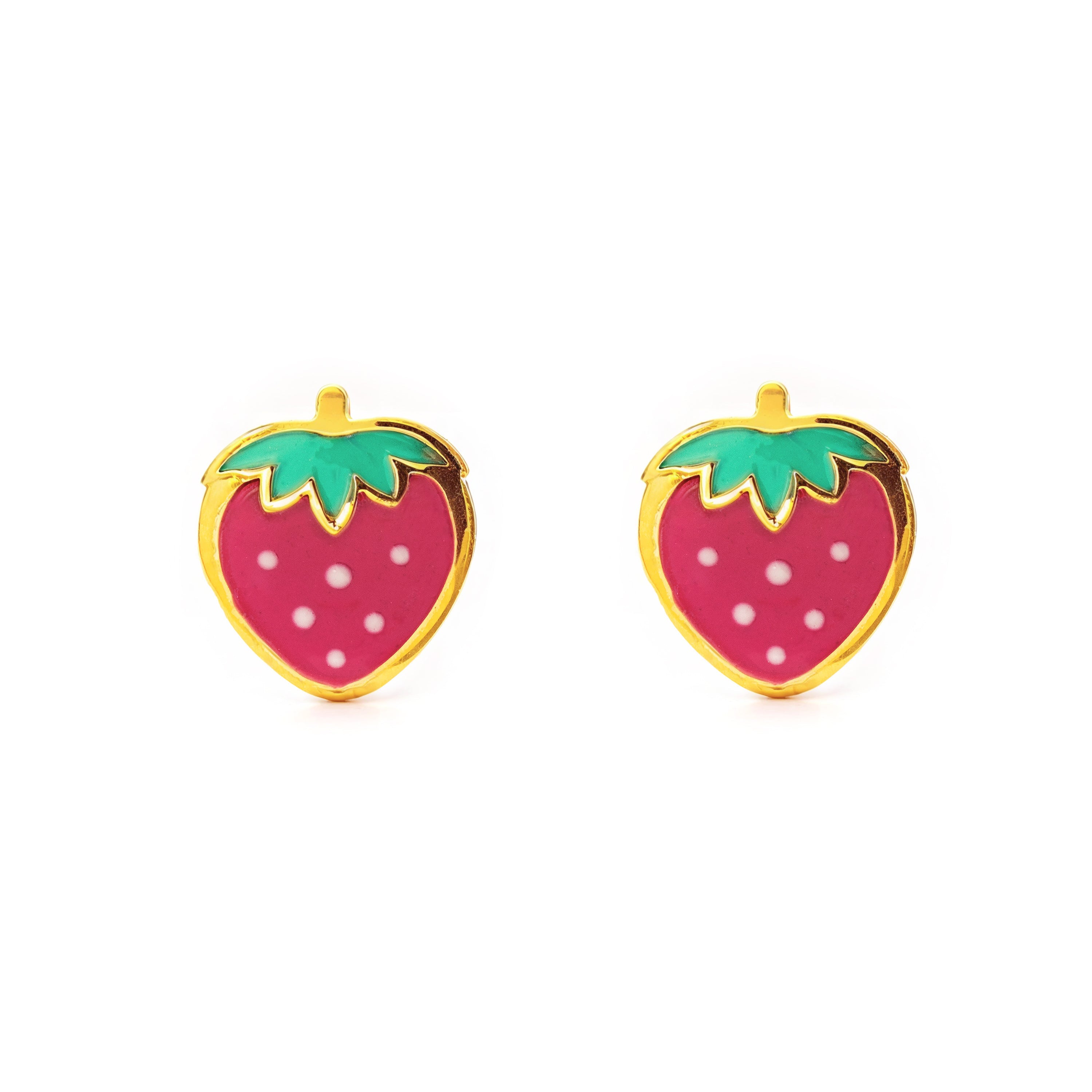 9K Yellow Gold Strawberry Baby Girl Earrings with Multicolor Shiny Enamel
