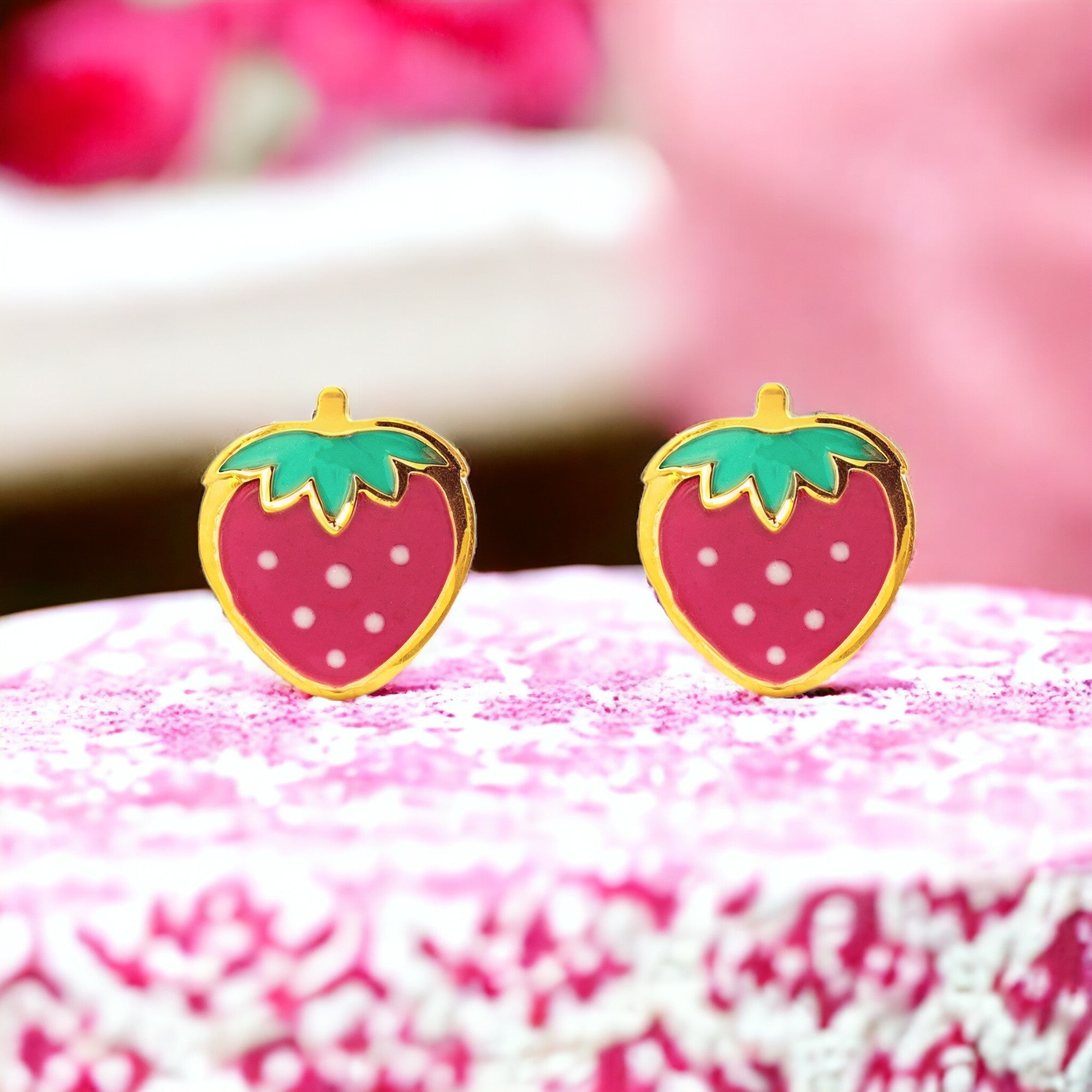 9K Yellow Gold Strawberry Baby Girl Earrings with Multicolor Shiny Enamel