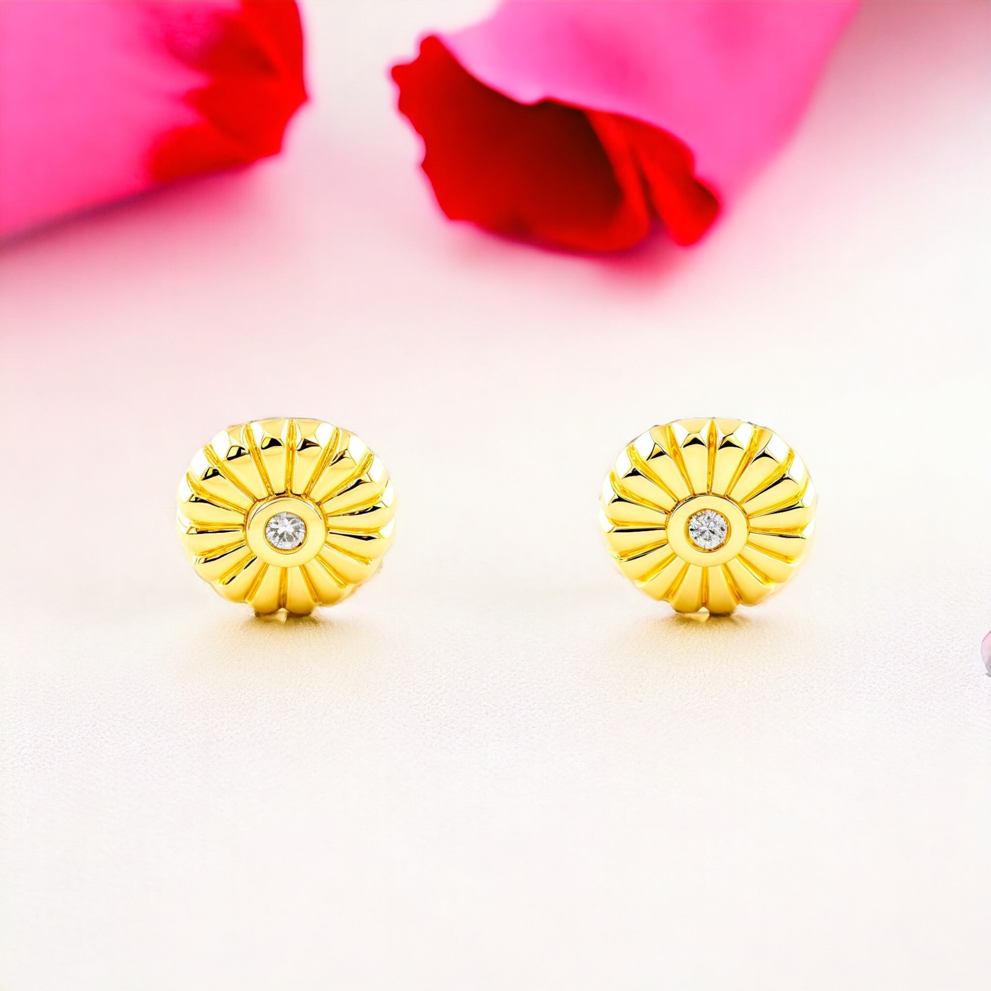 Baby-Girl Earrings 9K Yellow Gold Round Zircon Shine and Texture