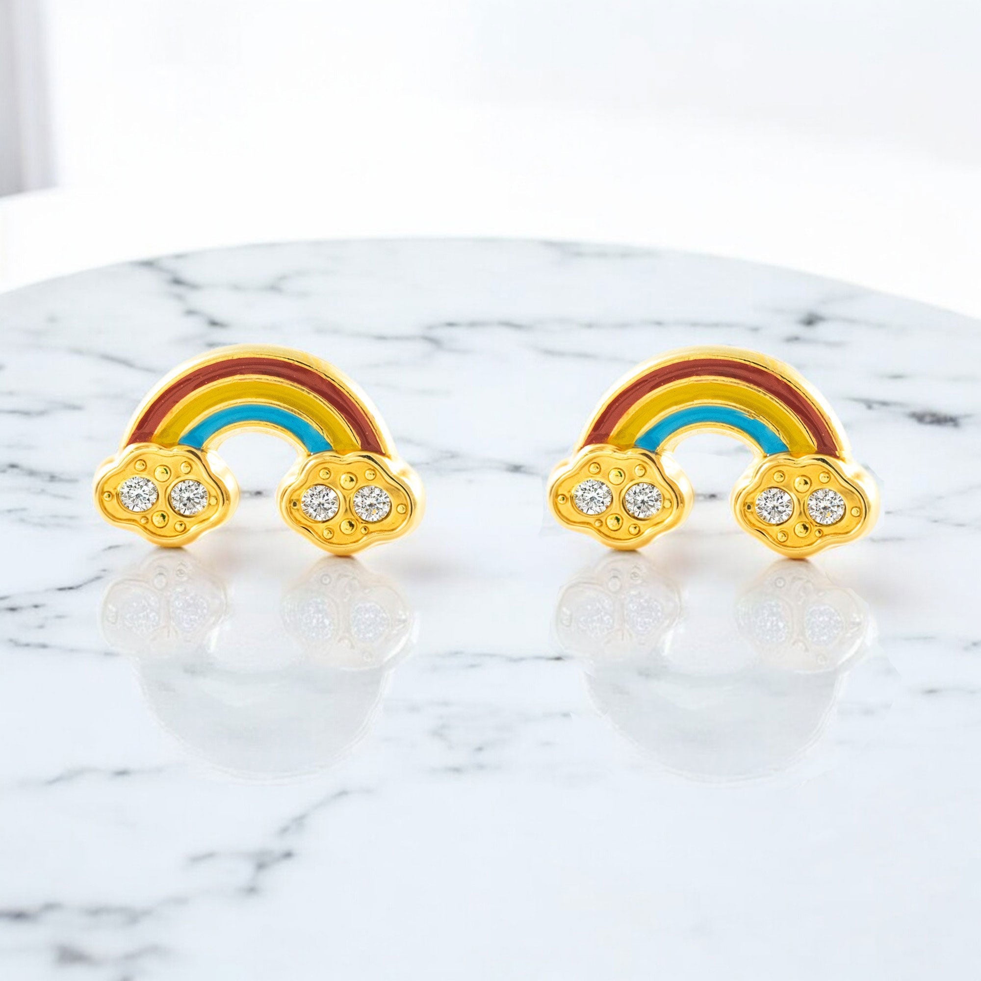 Pendientes Niña Oro Amarillo 9K Arco Iris Esmalte Multicolor Circonita Brillo