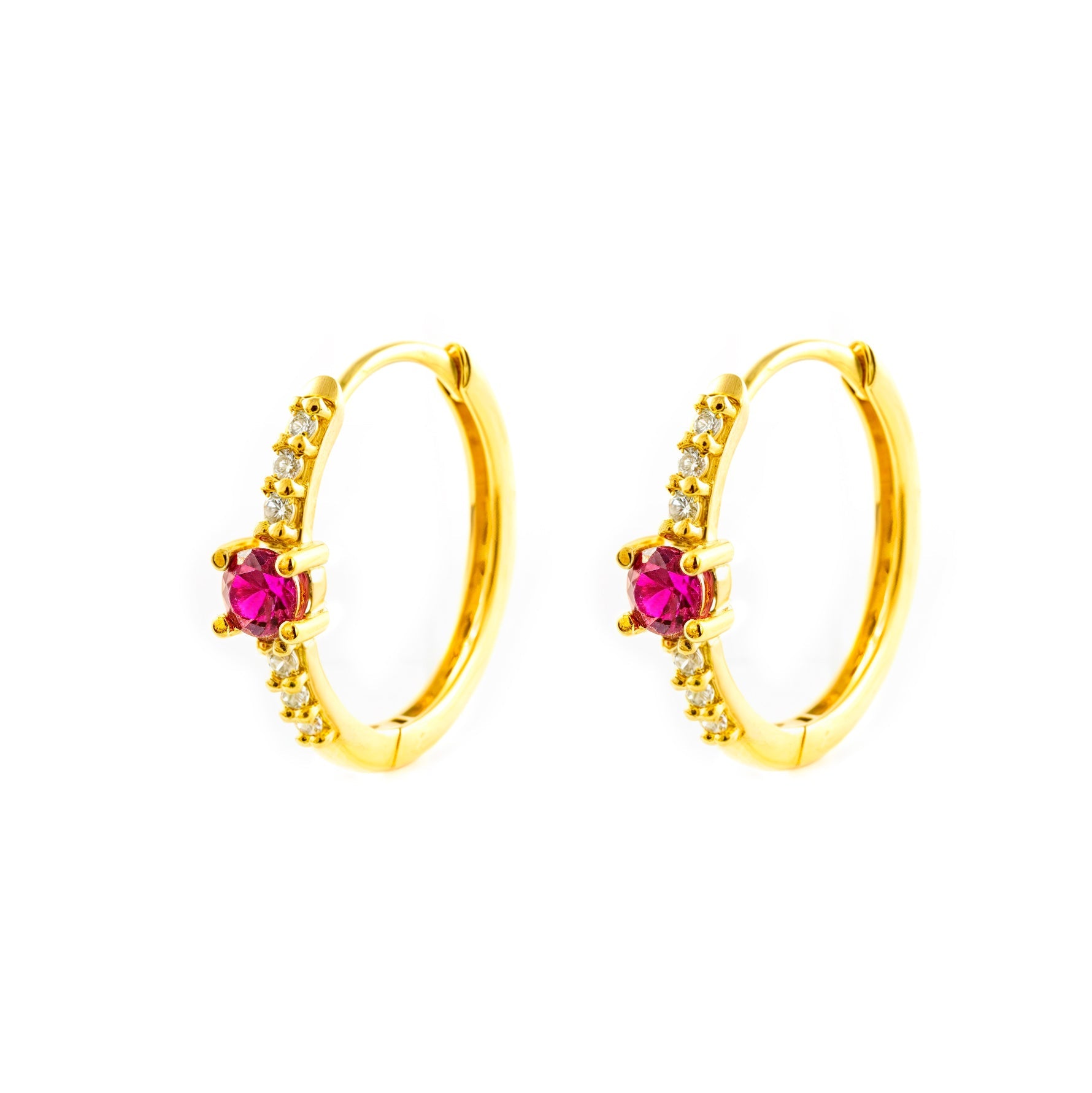 Pendientes Oro Amarillo 9K Aros Redondo Rubies Preciosos Sintéticos Brillo 14,5 x 3 mm