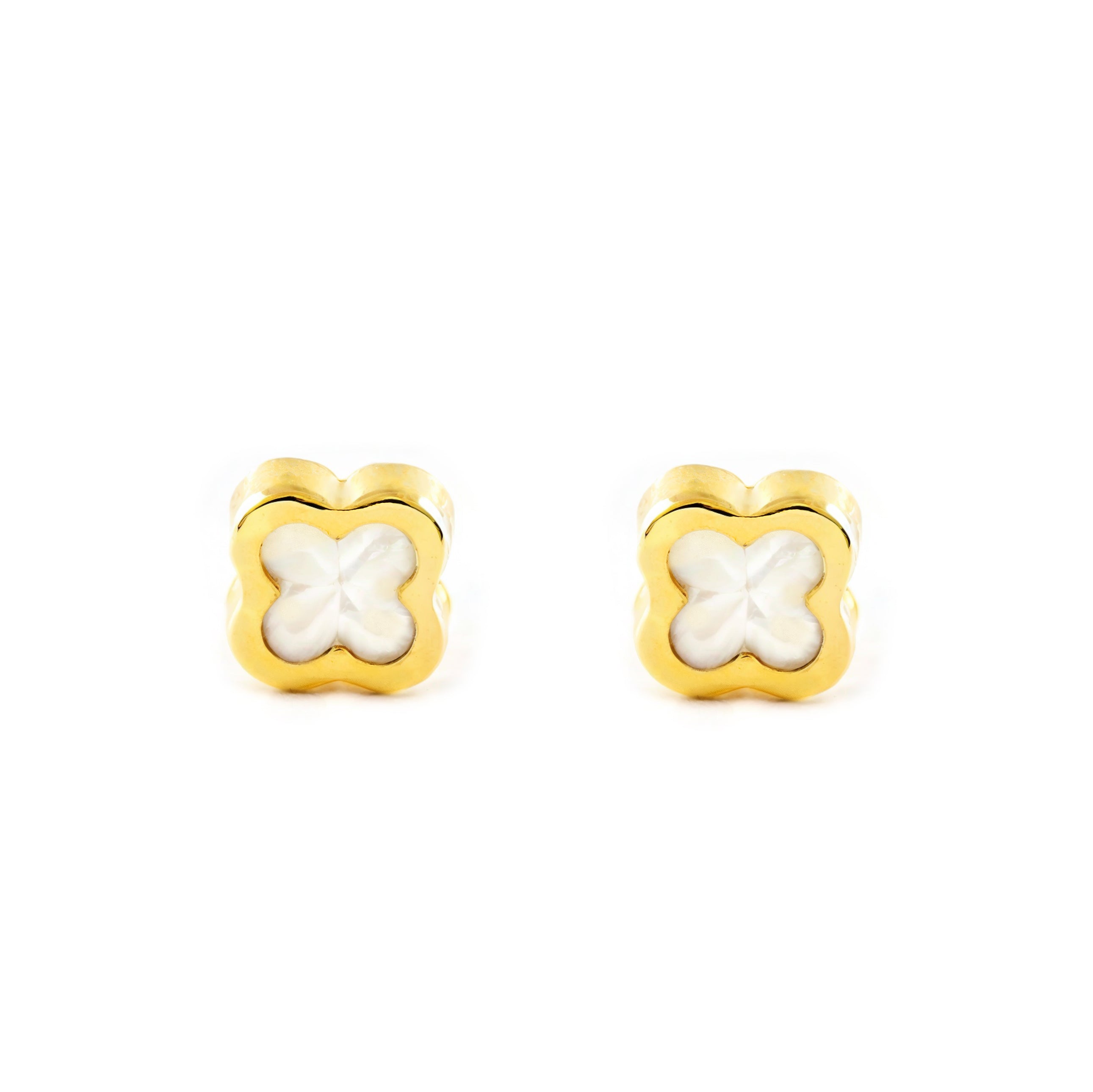 Pendientes Bebe-Niña Oro Amarillo 9K Nacar Cuatrebol Brillo