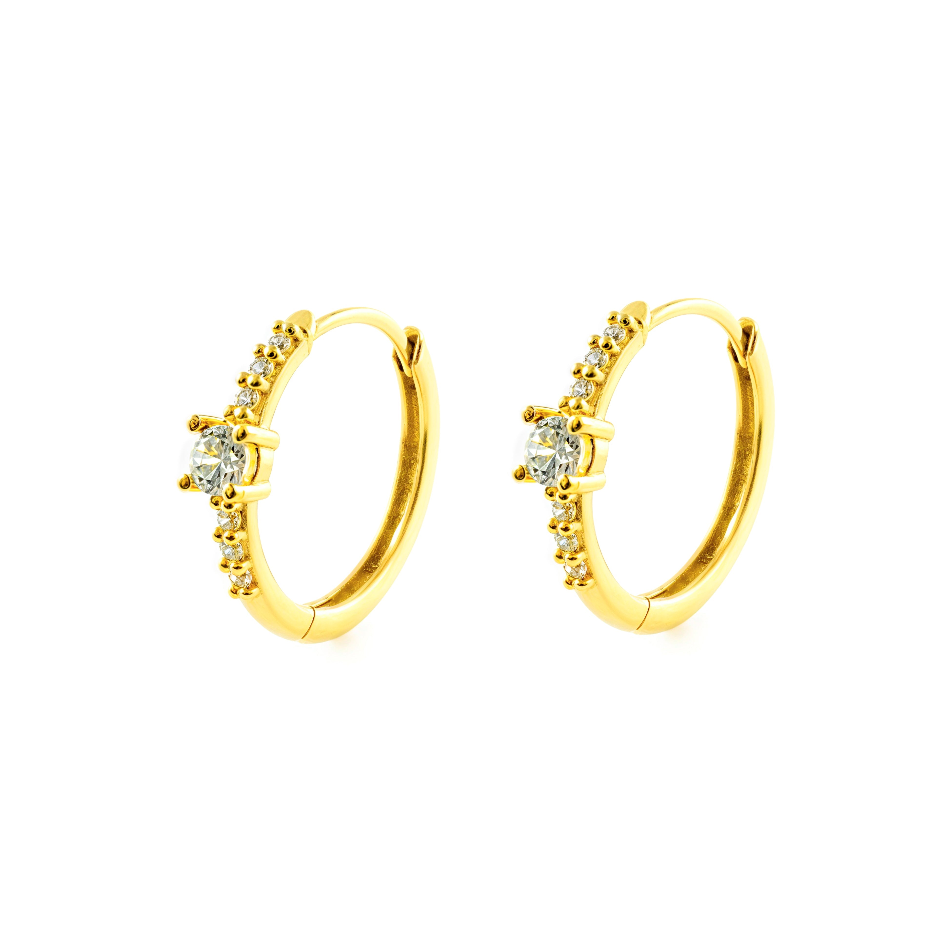 Pendientes Oro Amarillo 9K Aros Redondo Circonita Brillo 14,5 x 3 mm