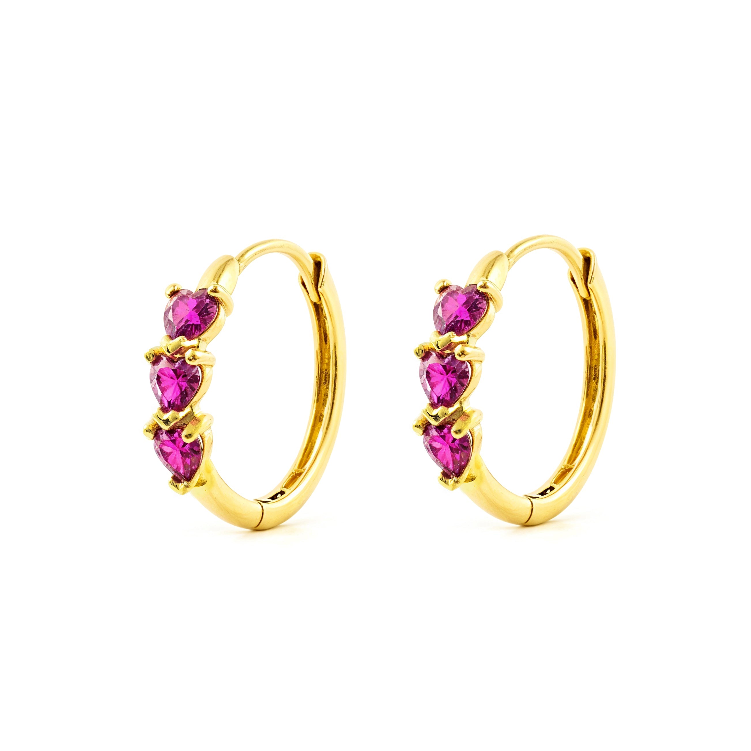 Pendientes Oro Amarillo 9K Aros Redondo Corazones Rubies Preciosos Sintéticos Brillo 14,5 x 3 mm