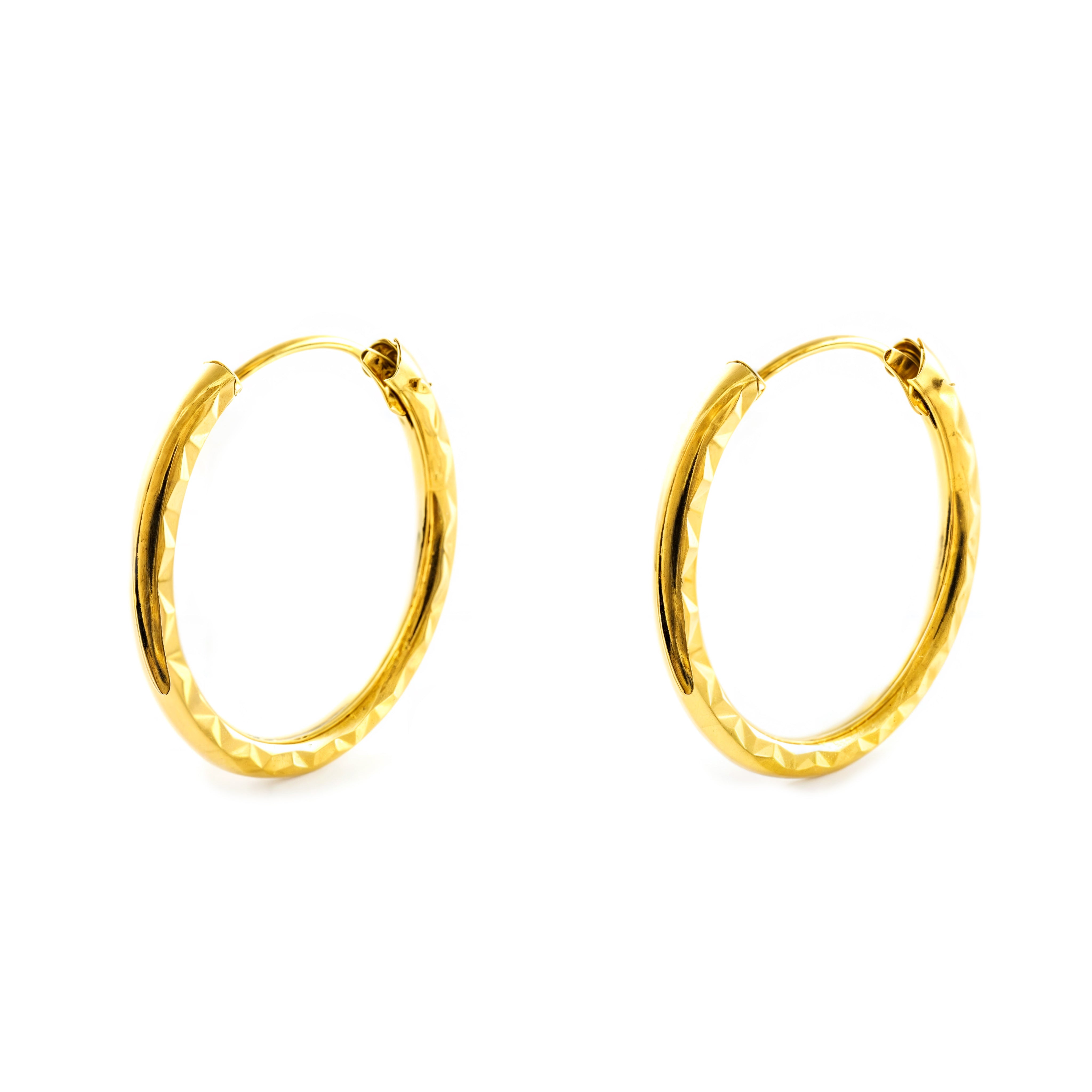 Pendientes Oro Amarillo 18K Aros Redondo Tallados 20 x 2 mm