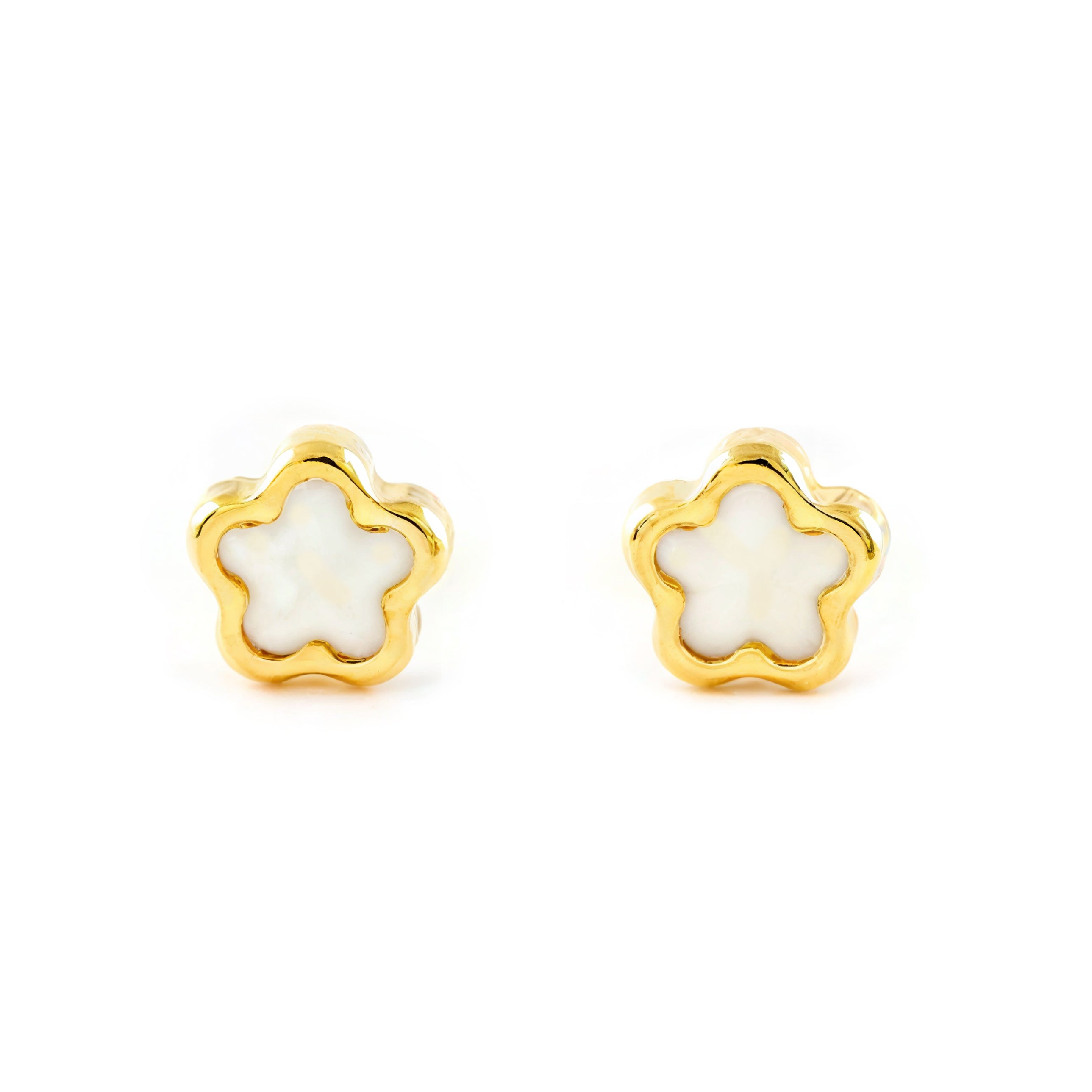 Pendientes Bebe-Niña Oro Amarillo 9K Nacar Flor Margarita Brillo