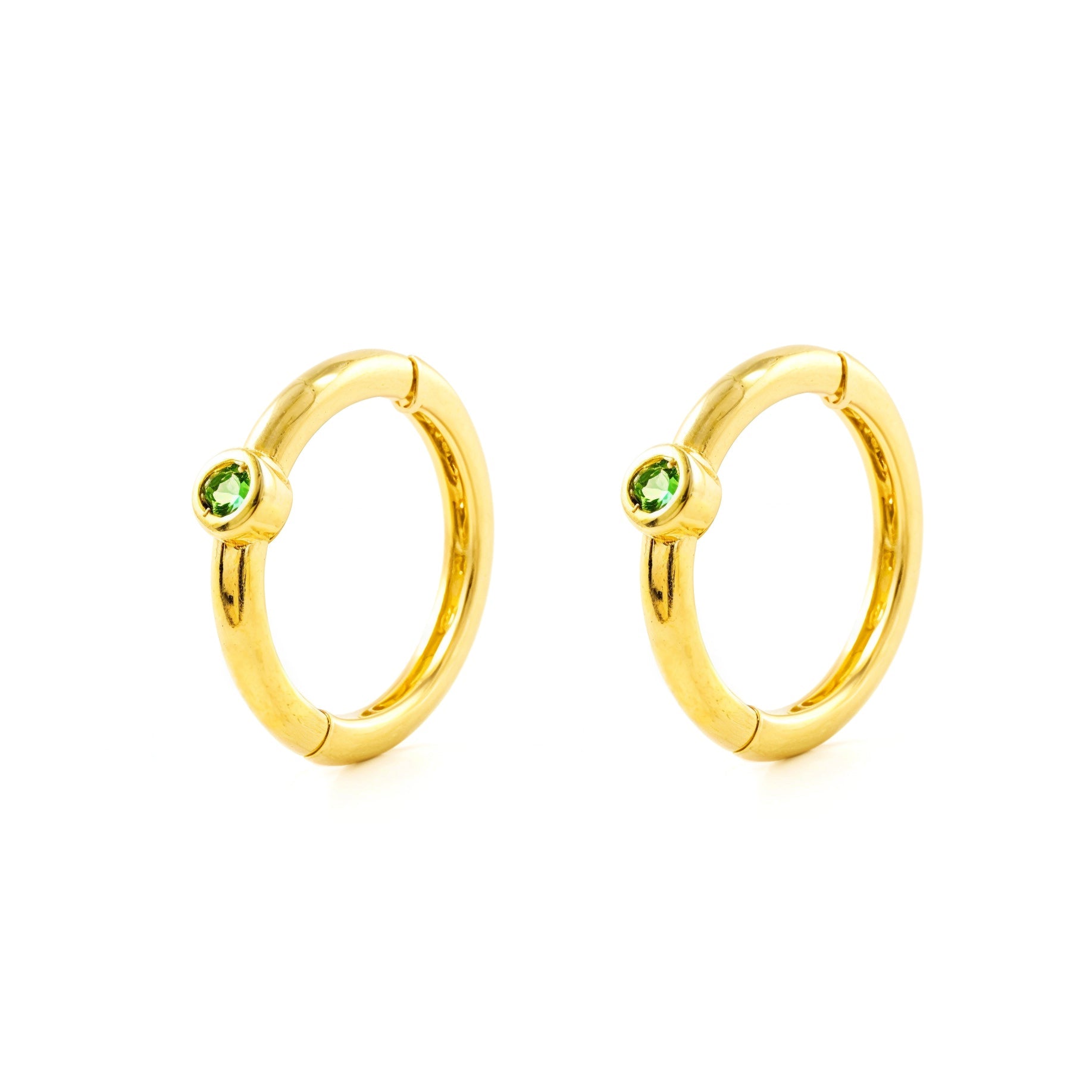 Pendientes Oro Amarillo 9K Aros Redondo Esmeraldas Preciosas Sintéticos Brillo 10 x 2 mm