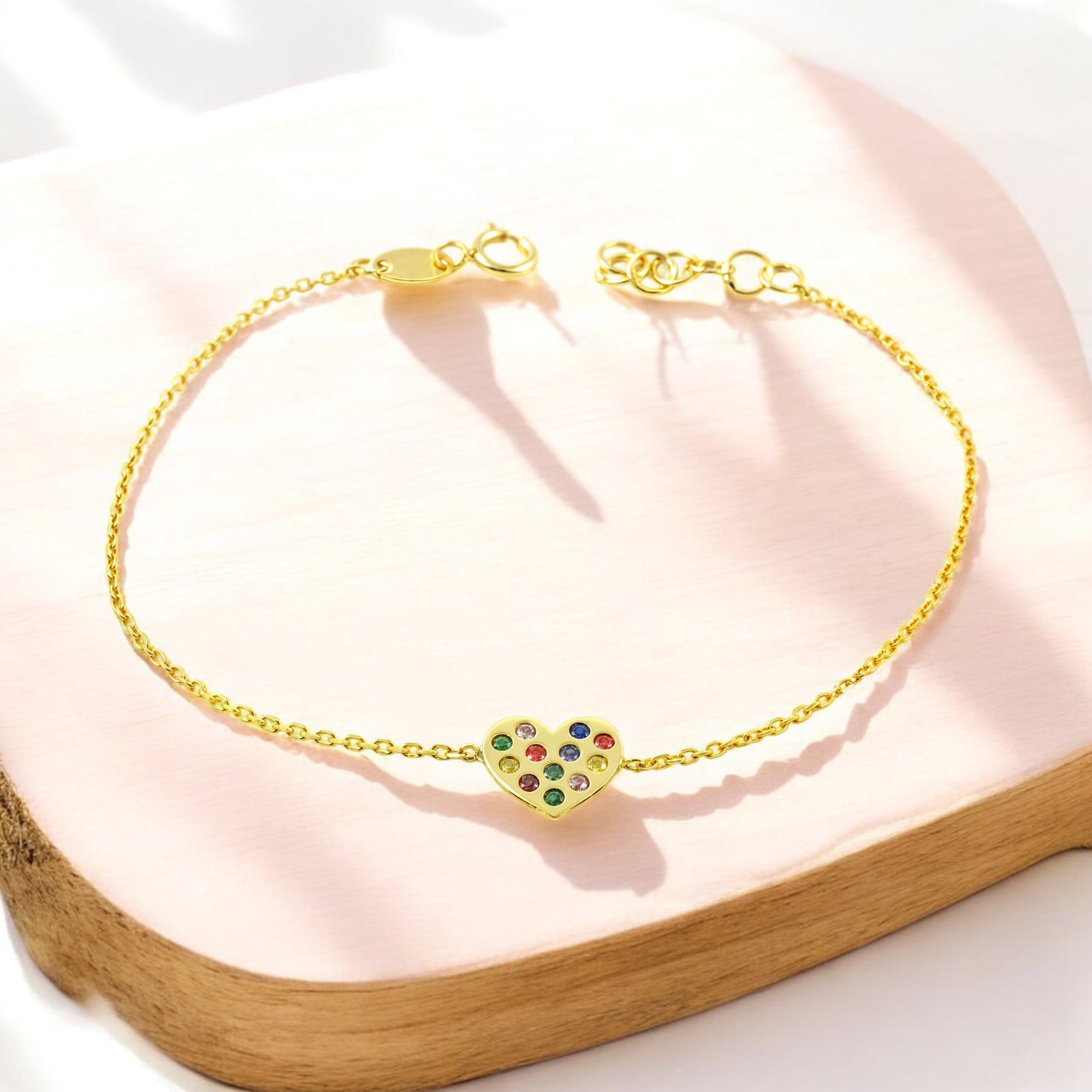 Pulsera Mujer Oro Amarillo 9K Corazón Circonita Color Brillo 16 cm